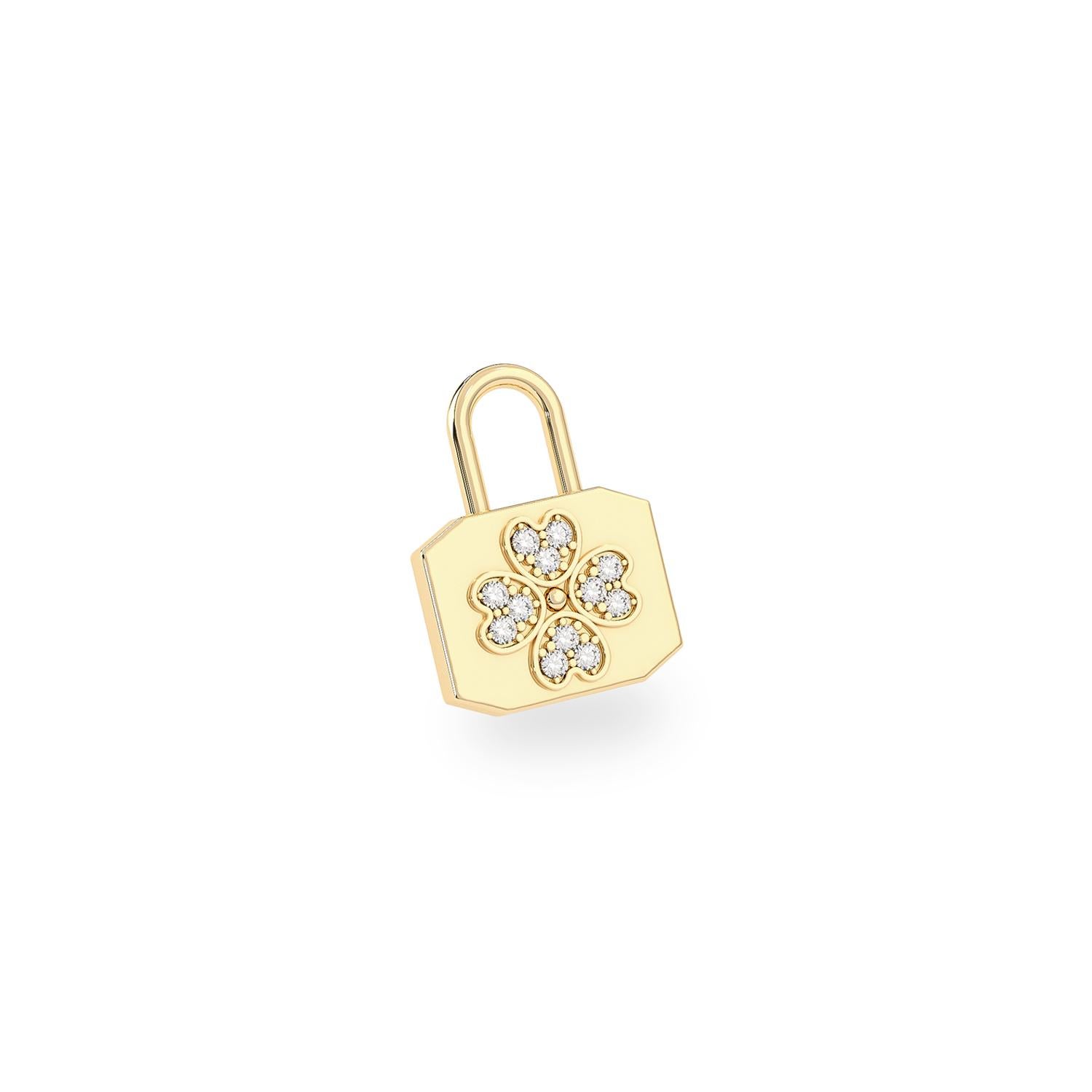 10k Yellow Gold The Peace Clover Lock Charm Necklace, Natural Diamonds(.12t.c.w) For Sale