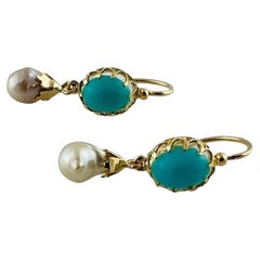10K Yellow Gold Turquoise and Freshwater Pearl Dangle Earrings #16689