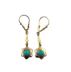 10K Yellow Gold Turquoise Floral Dangle Earrings #16685