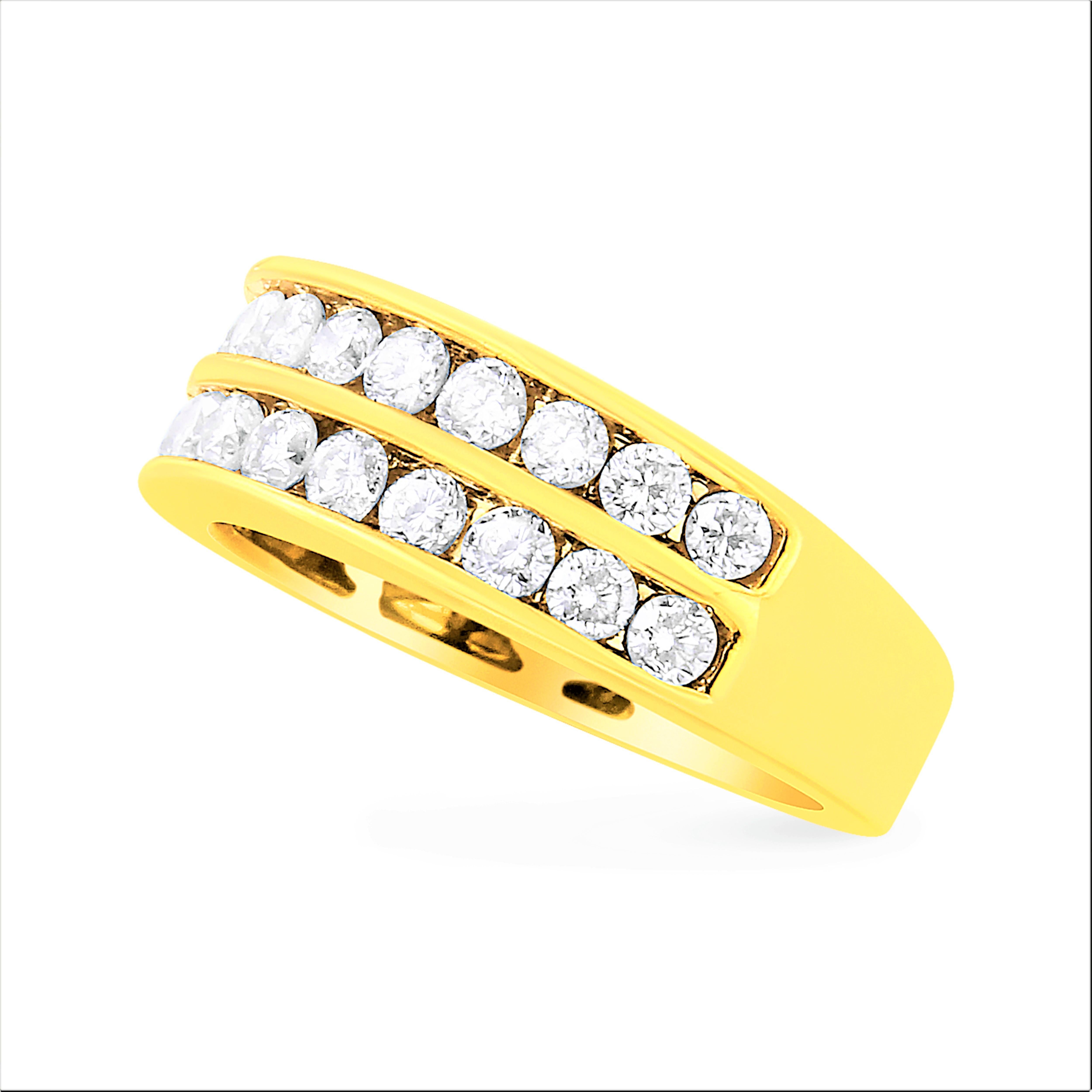 A double row of glittering round cut diamonds adorn this gorgeous ring design. Crafted in polished warm 10k yellow gold, this band ring showcases 22 natural, sparkling diamonds channel set in two rows. A modern take on a classic design, this band is