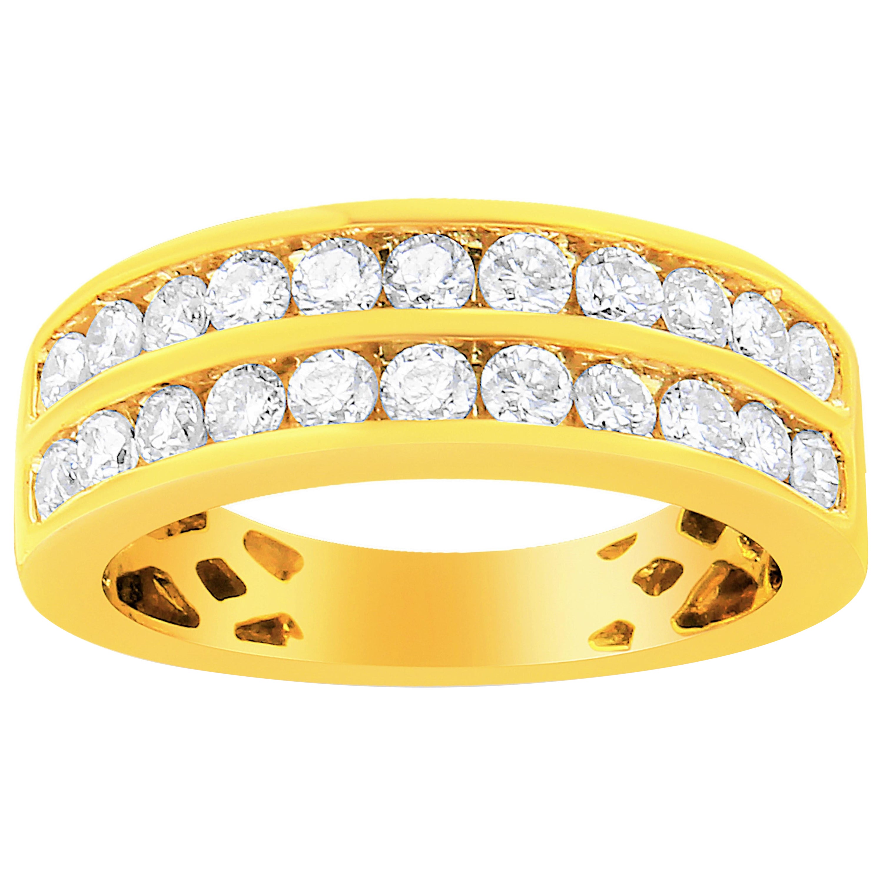 Anillo de oro amarillo de 10 quilates con dos filas de diamantes de 1,0 qt
