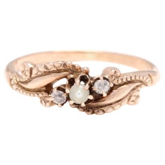 10 Karat Yellow Gold Victorian Pearl and Old European Cut Diamond Engraved Ring