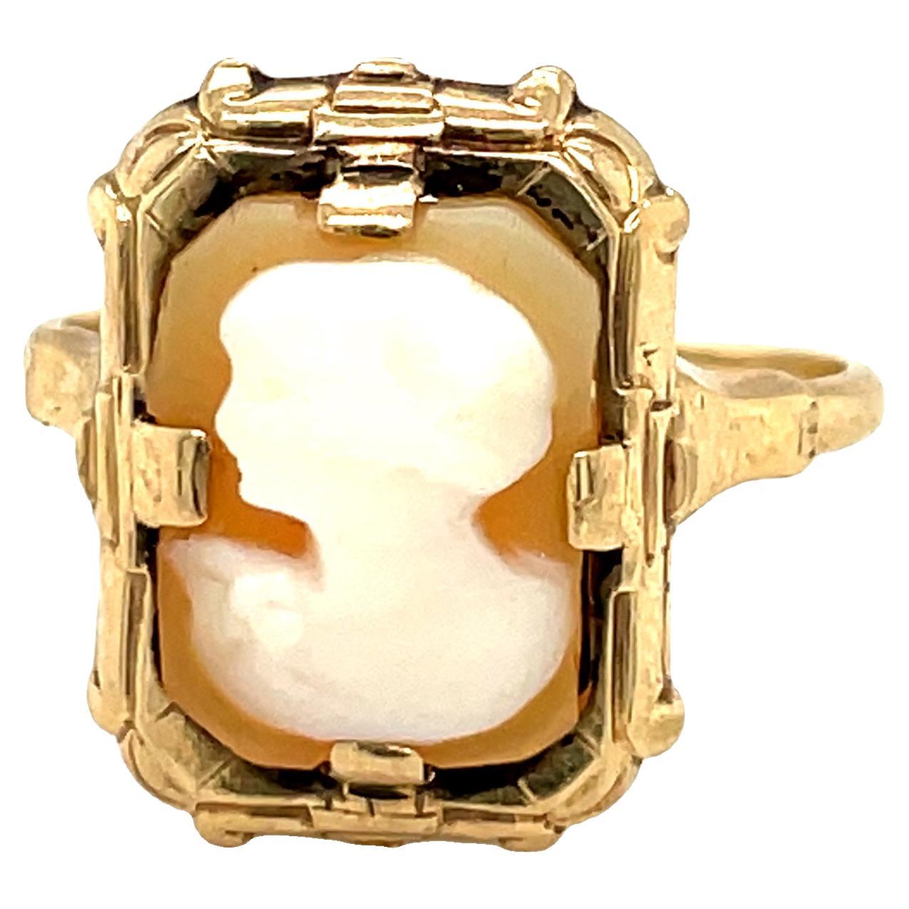 Vintage Hand Carved Cameo Ring 10k Yellow Gold  For Sale