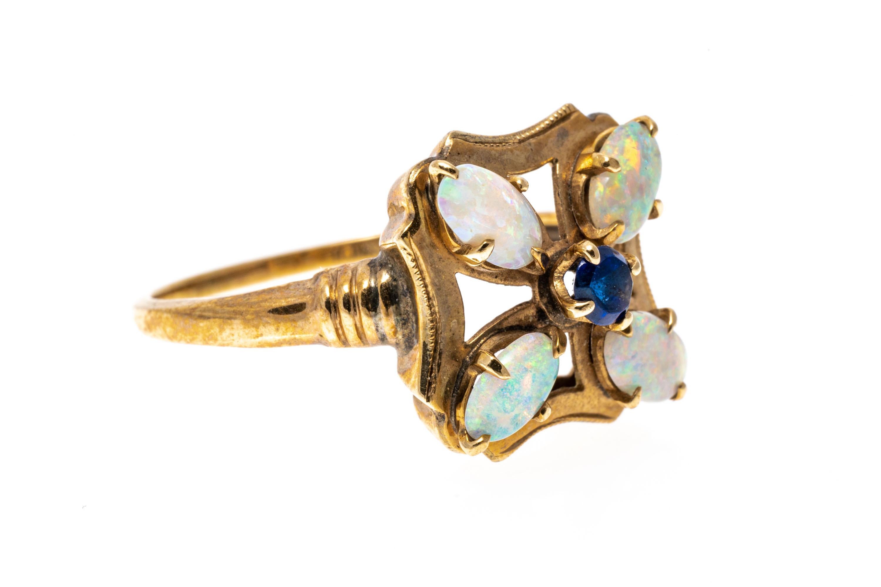 Oval Cut 10k Yellow Gold White Opal and Sapphire Flower Form Ring For Sale