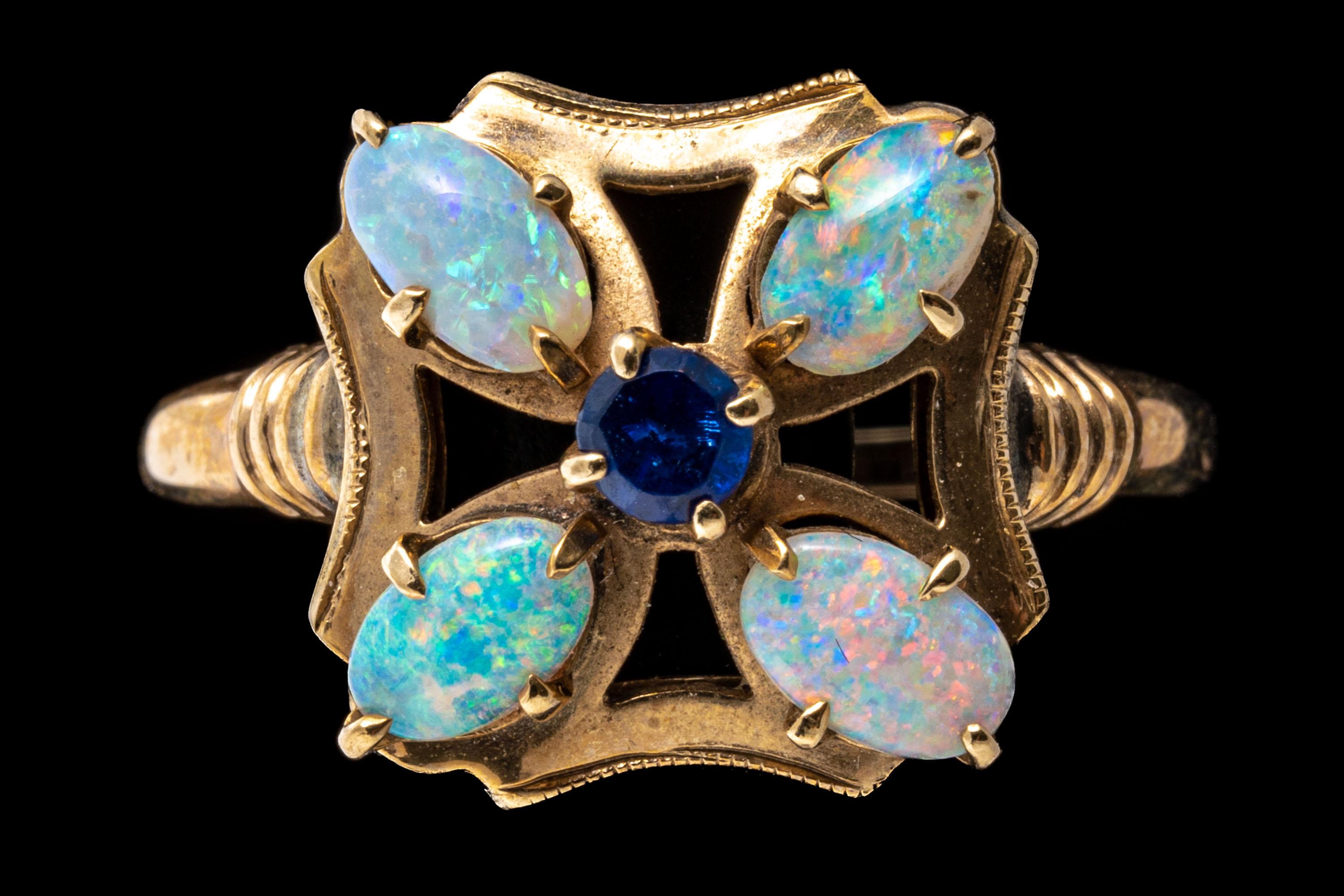 10k Yellow Gold White Opal and Sapphire Flower Form Ring For Sale 1