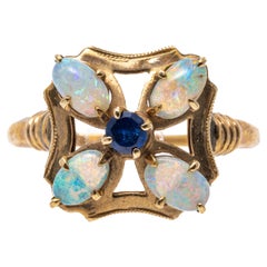Vintage 10k Yellow Gold White Opal and Sapphire Flower Form Ring