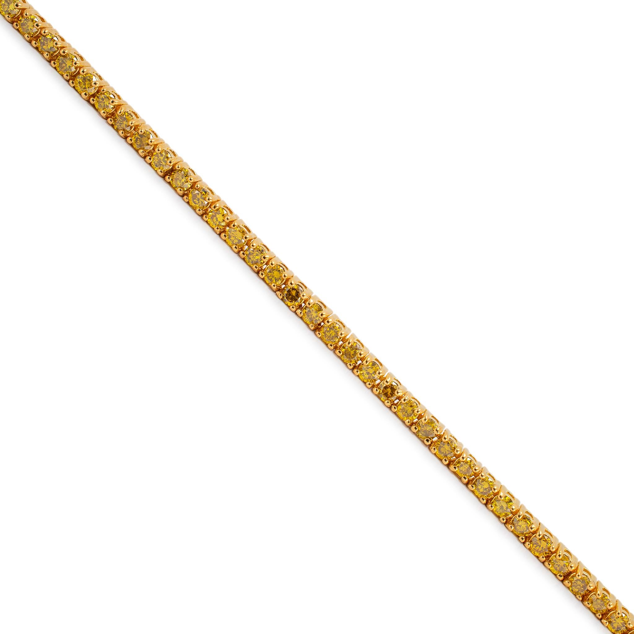 Gender: Ladies

Metal Type: 10K Yellow Gold 

Length: 20.00 inches

Width: 2.50 mm

Weight: 25.10 grams

10K Yellow Gold single strand diamond necklace. The metal was tested and determined to be 10K yellow gold. Engraved with 