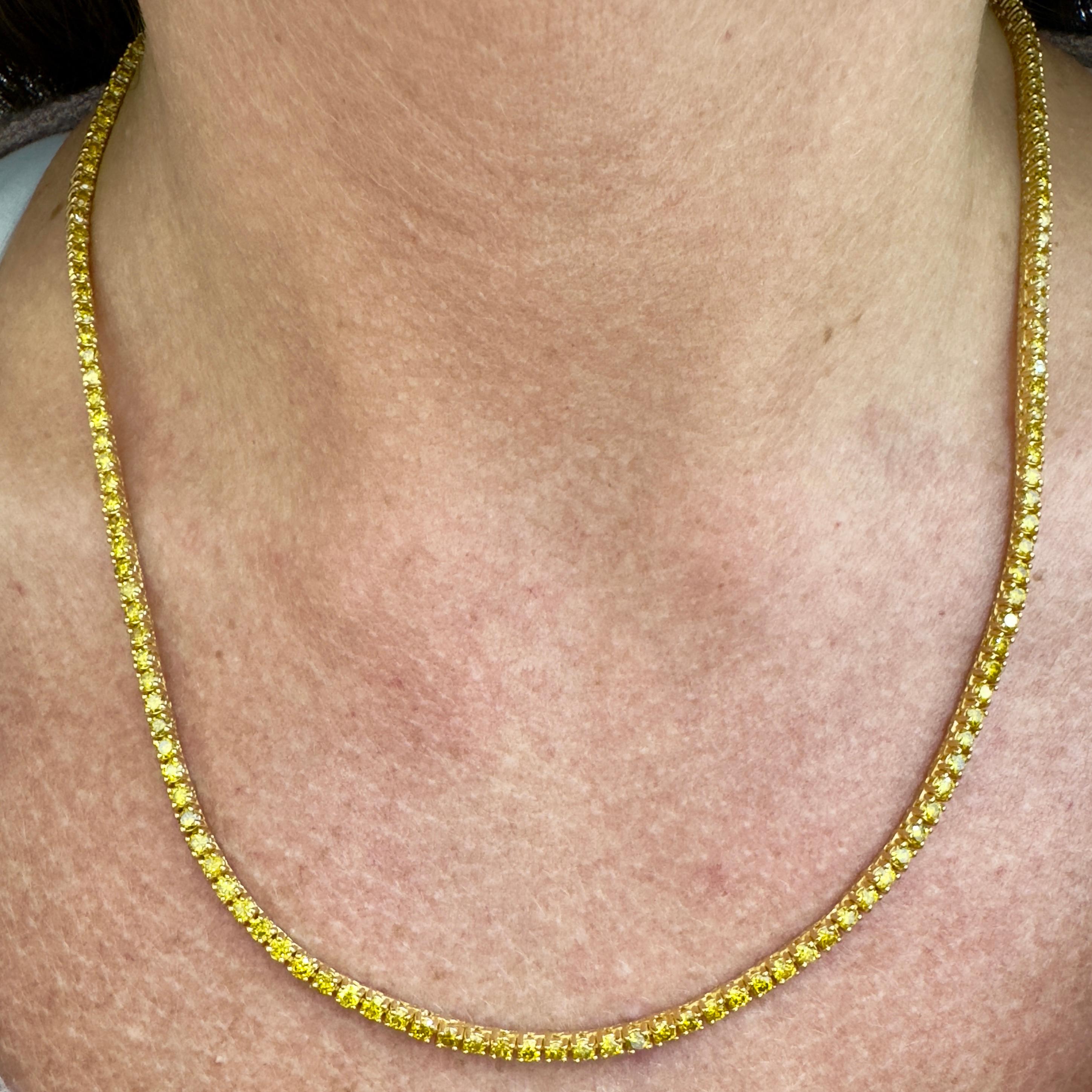 Women's 10K Yellow Gold Yellow Diamond Tennis Chain Necklace For Sale