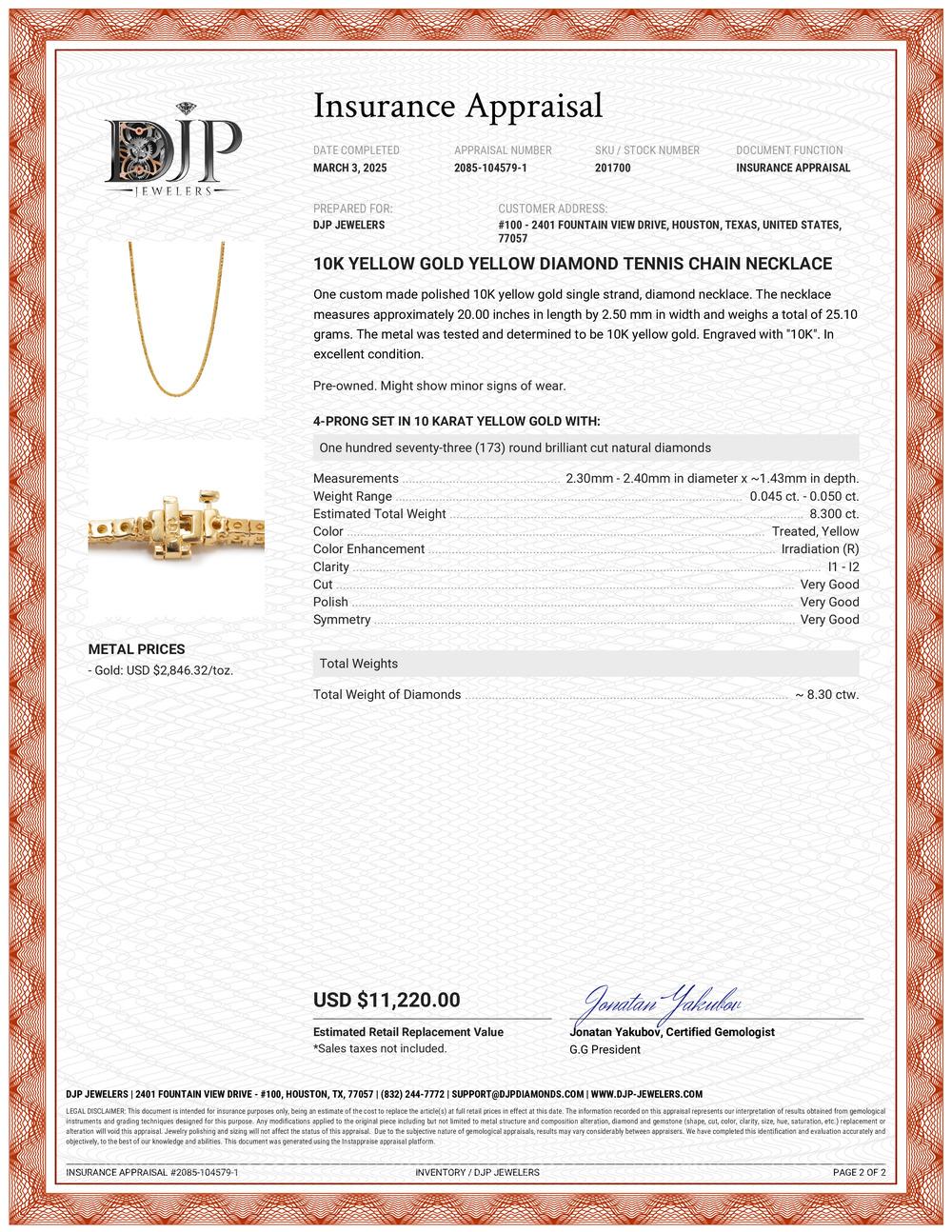 10K Yellow Gold Yellow Diamond Tennis Chain Necklace For Sale 1