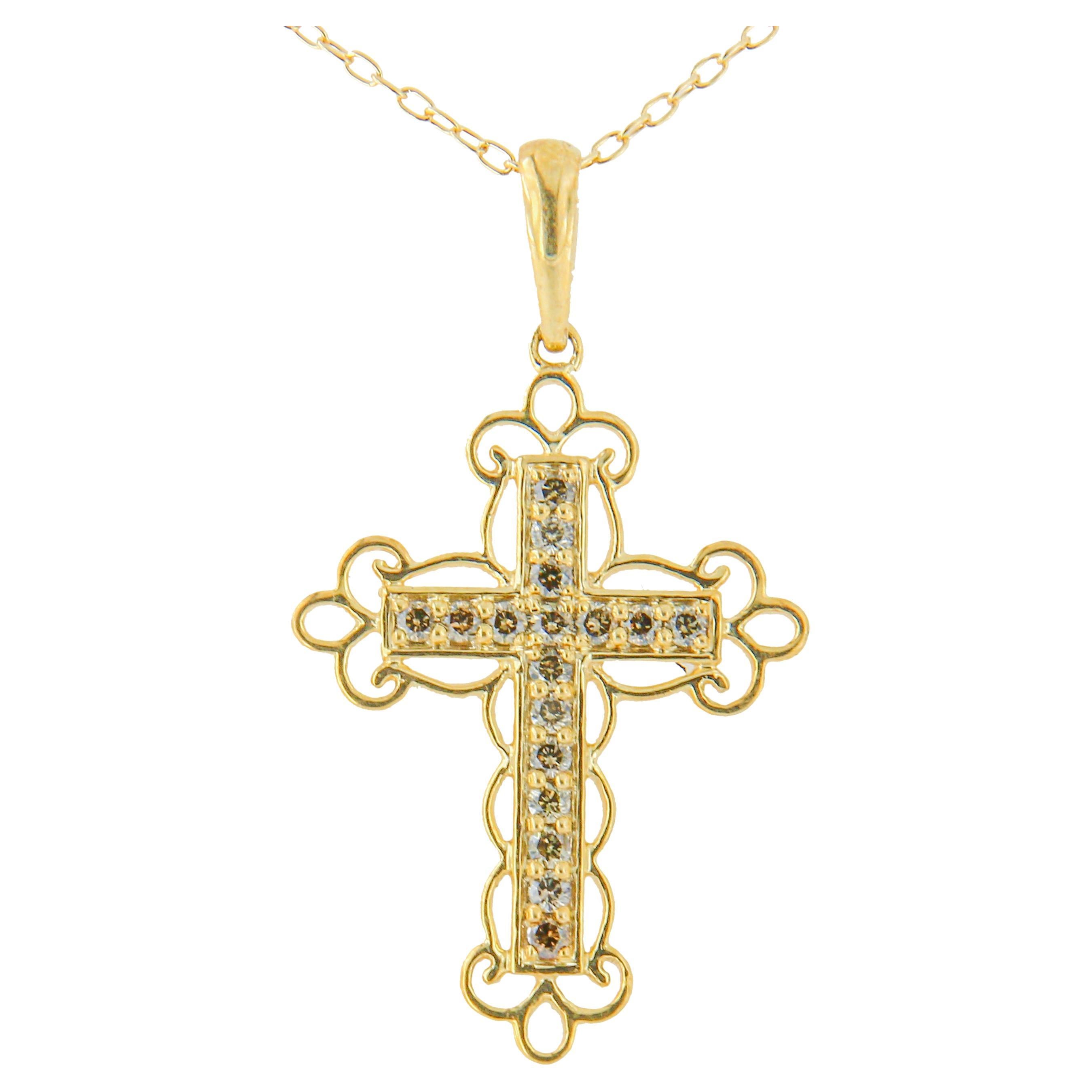 10K Yellow Over Sterling Silver 1/4 Ct Champagne Diamond Cross Pendant Necklace For Sale