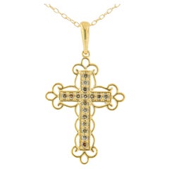 Collier pendentif croix en argent sterling 10 carats et diamants champagne de 1/4 carat