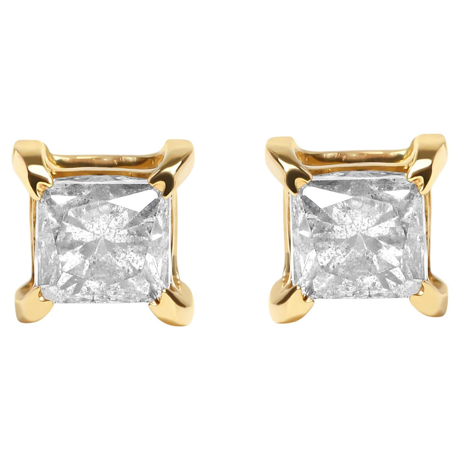 10K Yellow Plated .925 Sterling Silver 1/4 Cttw Princess Diamond Stud Earrings