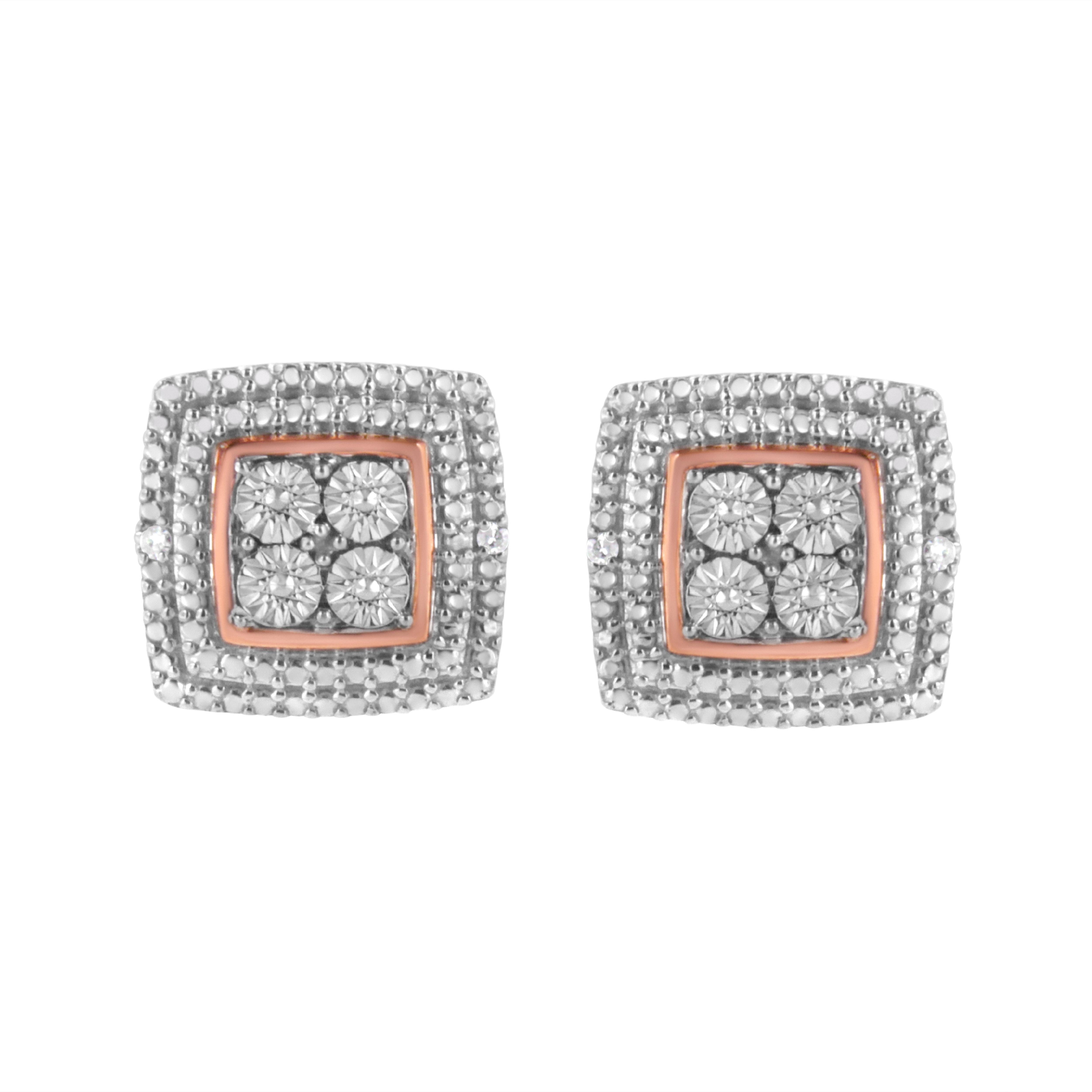 This stunning square-shaped stud earrings are made with an assortment of 10k yellow, white, and rose-gold plated sterling silver. The front-facing design of this piece features white beading with a sliver of rose-gold plated sterling silver at the