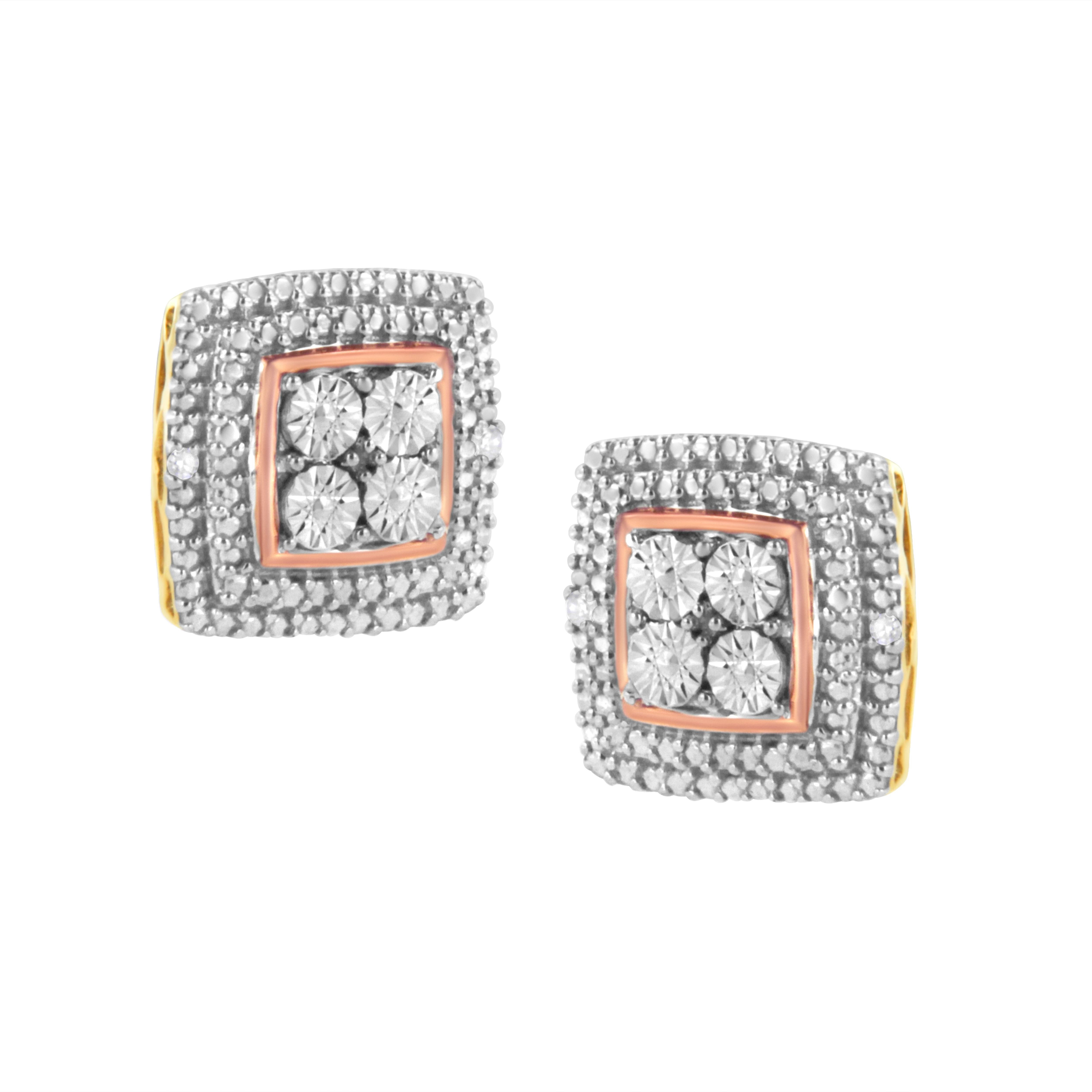 Modern 10K Yellow, White, and Rose Gold over Silver Diamond Accent Stud Earrings For Sale