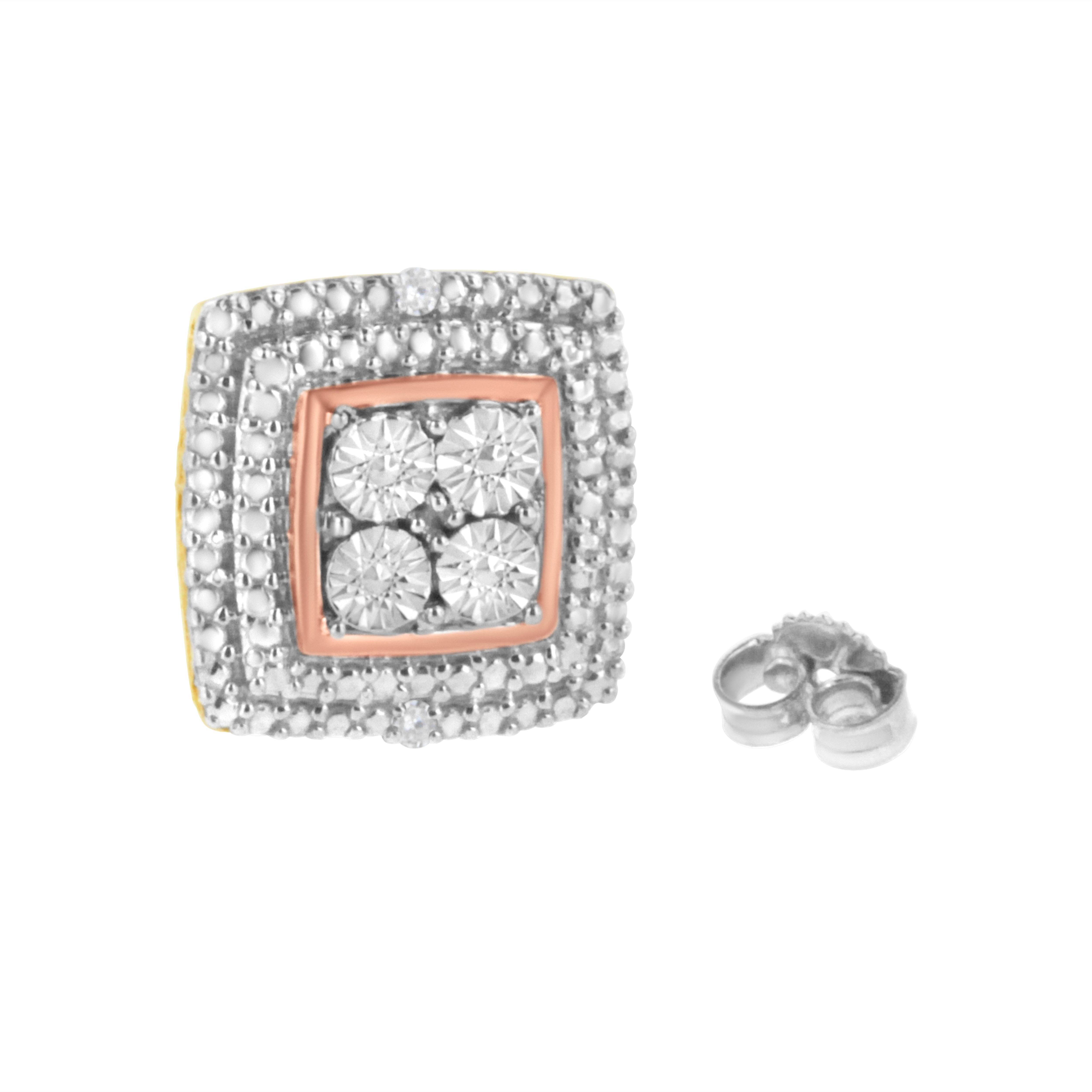 Round Cut 10K Yellow, White, and Rose Gold over Silver Diamond Accent Stud Earrings For Sale