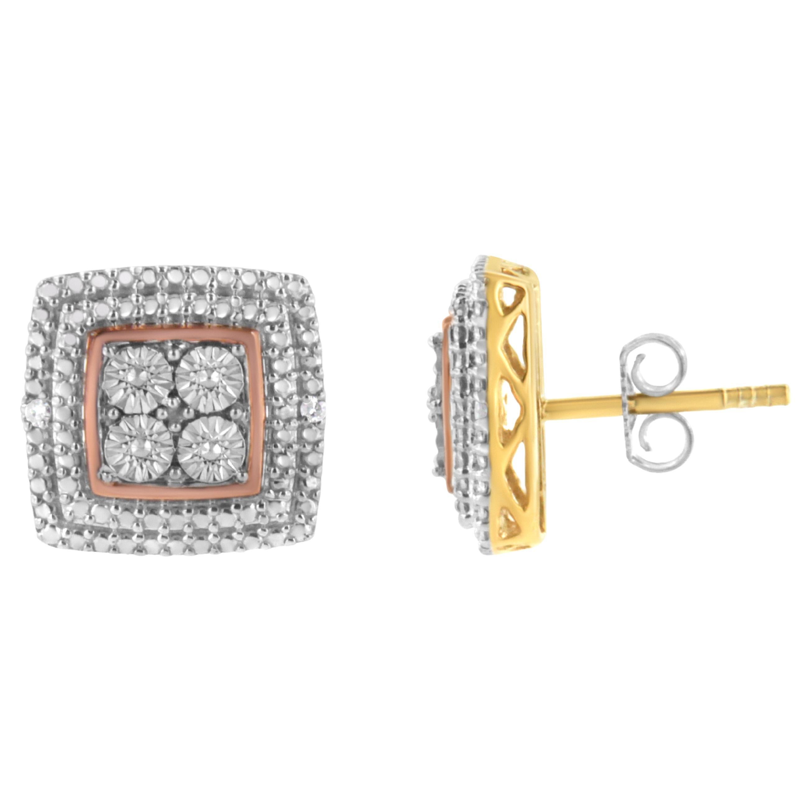 10K Yellow, White, and Rose Gold over Silver Diamond Accent Stud Earrings For Sale