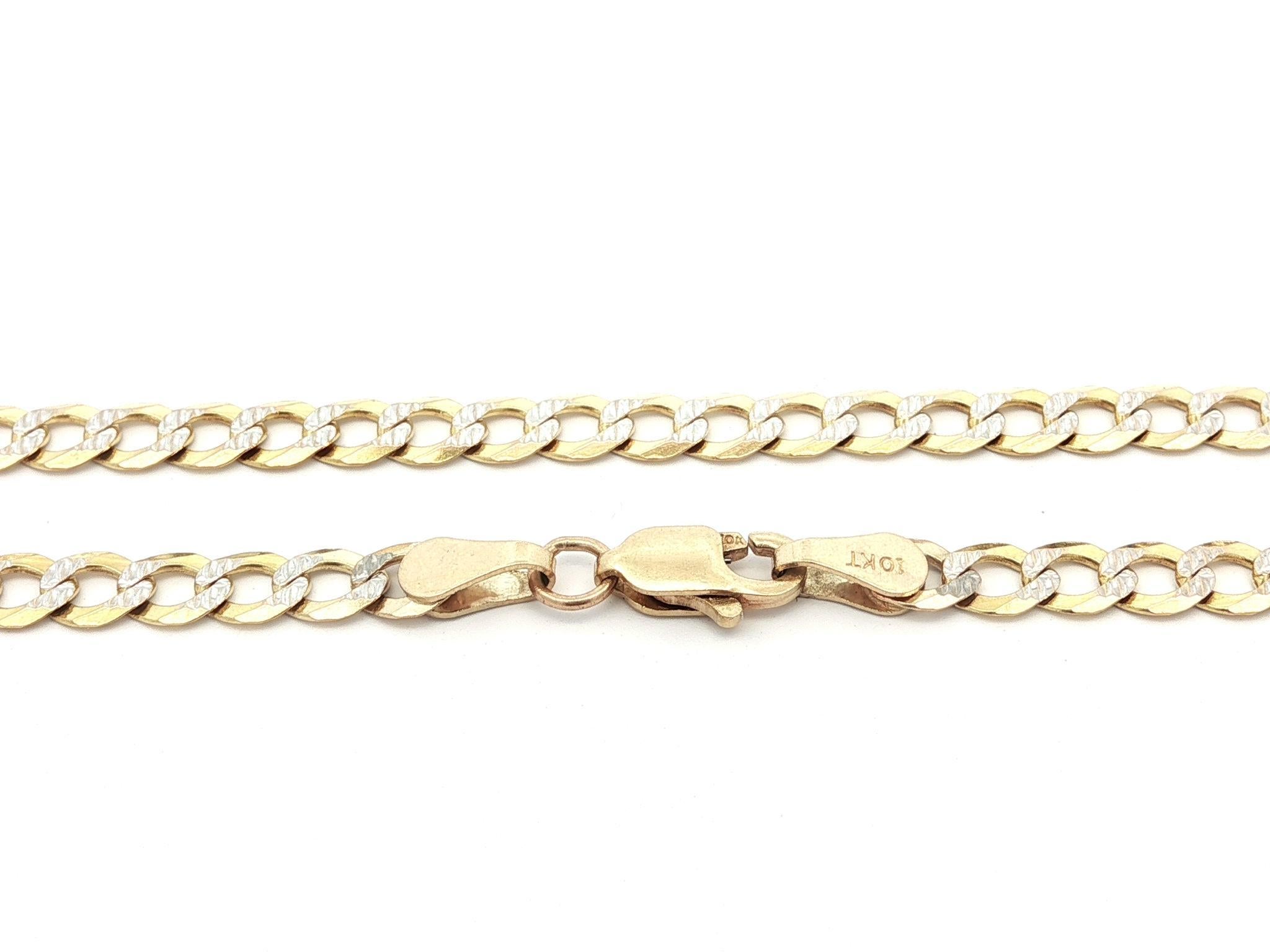 Material: Oro amarillo macizo de 10 quilates con talla de diamante en oro blanco
Peso: 3.41 gramos
Tipo de cadena: Curb Cuban Link
Longitud de la cadena: 10 pulgadas (medida junto a una regla)
Ancho de cadena:	3.6mm (0.14
