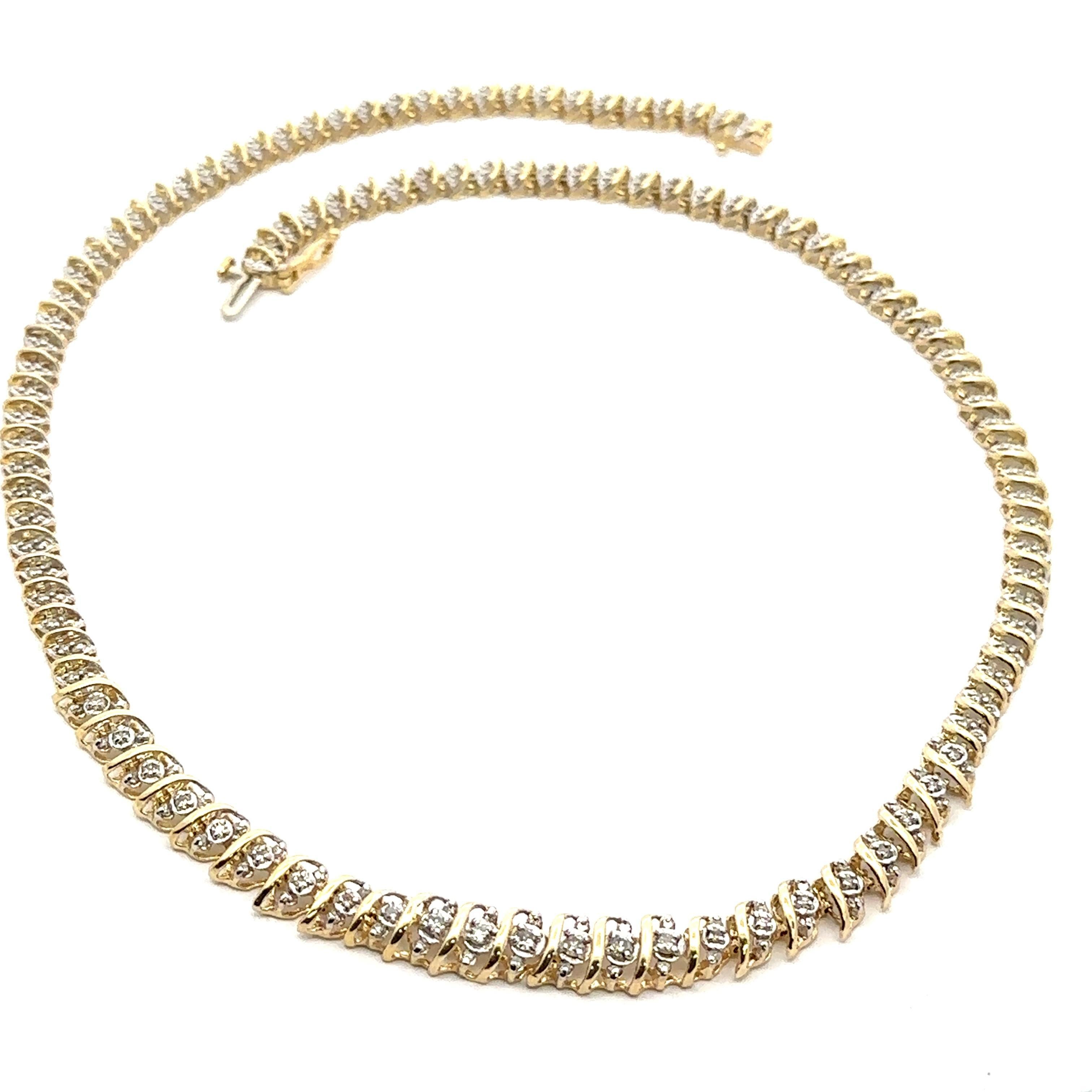 Brilliant Cut 10k Yellow & White Gold 1.50ctw Illusion Light Champagne Diamond S Link Necklace For Sale