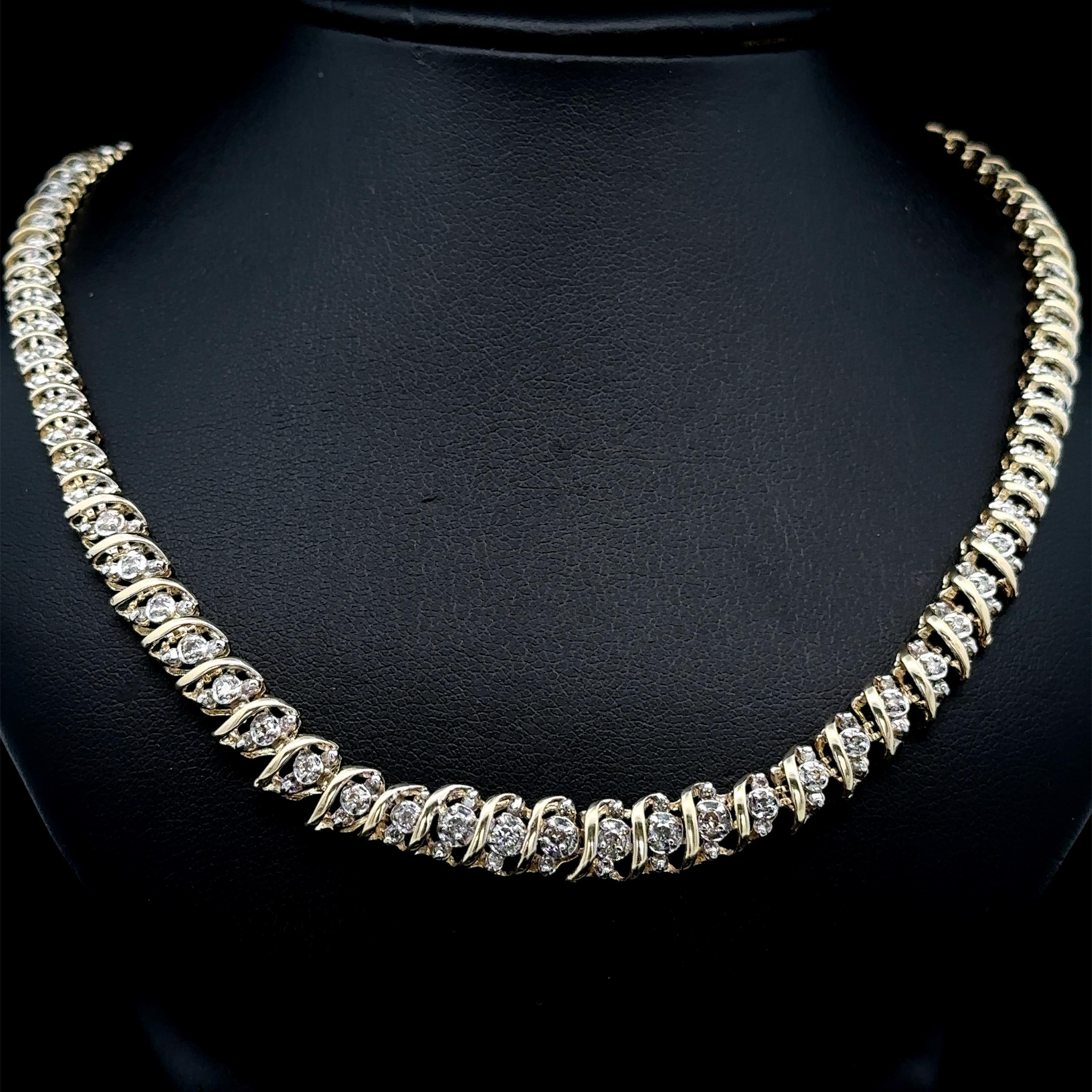10k Yellow & White Gold 1.50ctw Illusion Light Champagne Diamond S Link Necklace For Sale 2