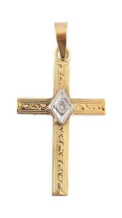 Vintage 10K Yellow & White Gold Diamond Cross Pendant #16176
