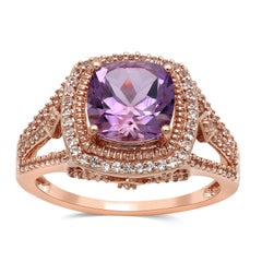 10 Karat Gold Cushion Shape Light Amethyst and Round White Topaz Halo Ring
