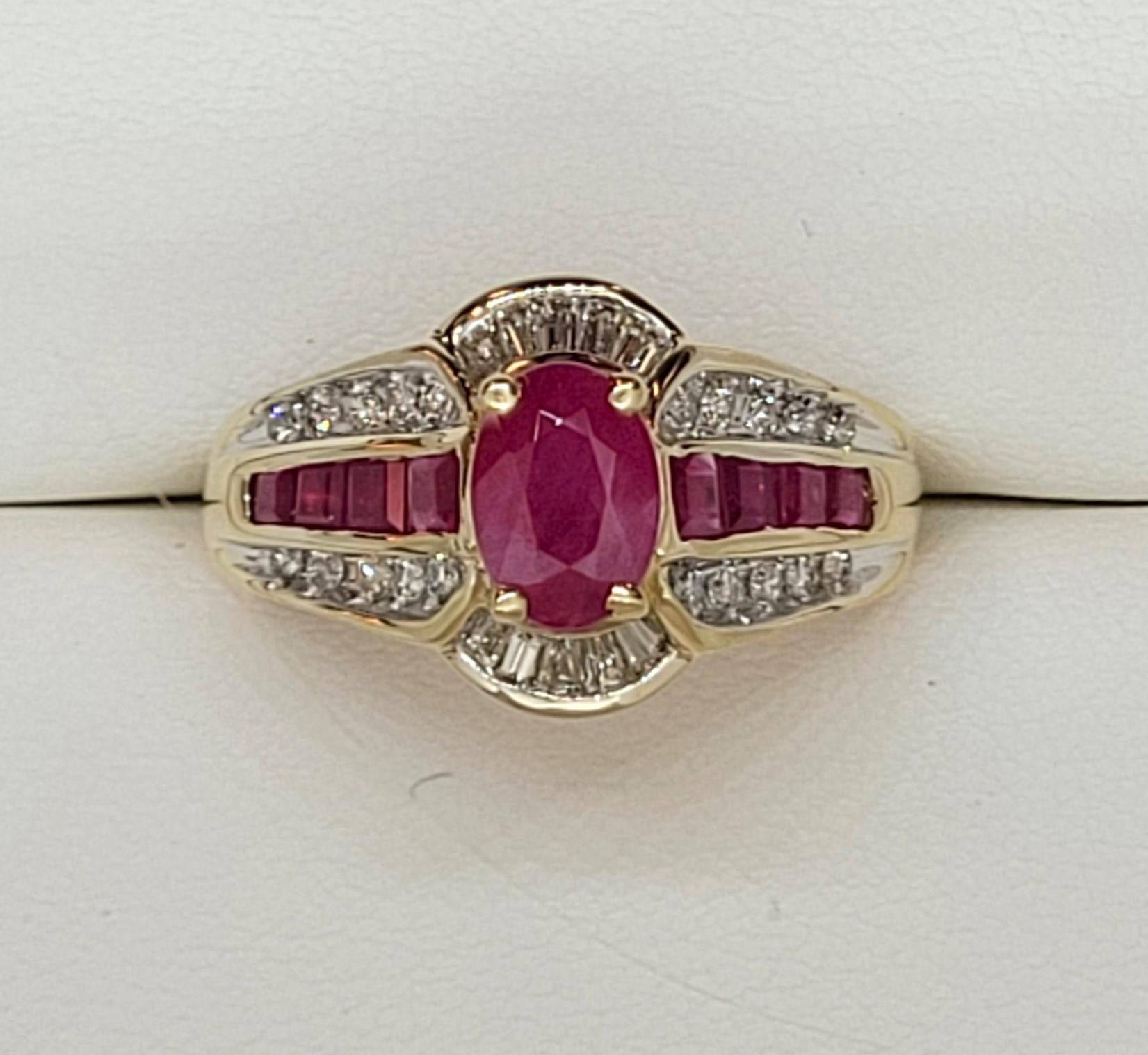 The ring is made from 10kt yellow gold and features one prong-set oval ruby measuring 5mm x 7mm, 10 baguette-cut diamonds weighing approximately .25cttw, and 20 round brilliant diamonds weighing approximately .25cttw. The approximate total weight of