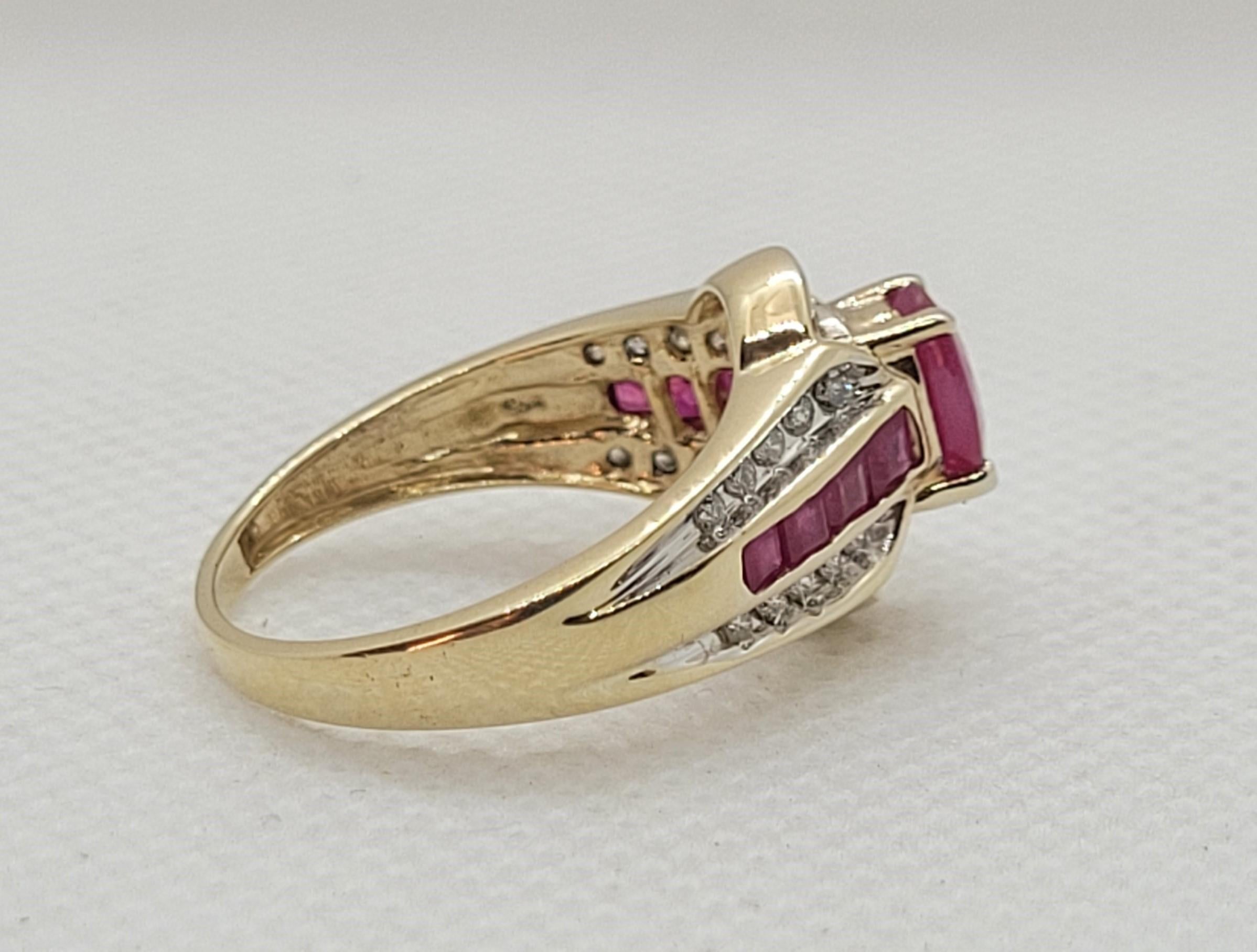 Oval Cut 10kt Gold Ruby & Diamond Ring, 1ct Oval Ruby, Baguette/Round Diamonds, Size 7