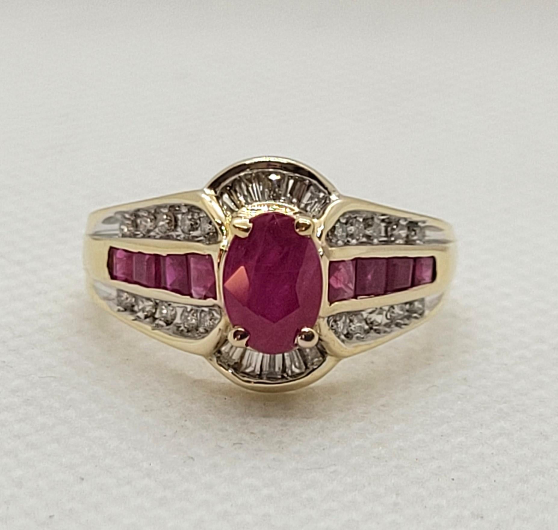Women's 10kt Gold Ruby & Diamond Ring, 1ct Oval Ruby, Baguette/Round Diamonds, Size 7