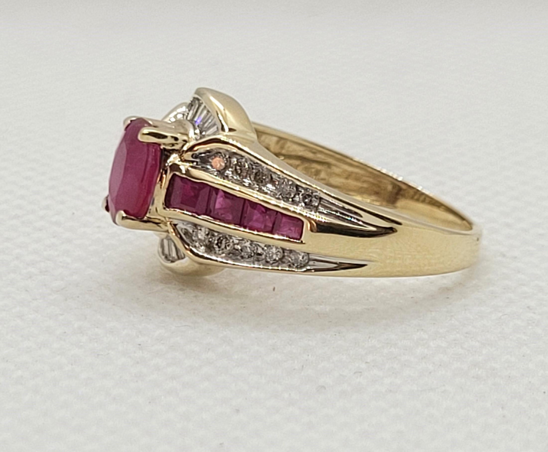 10kt Gold Ruby & Diamond Ring, 1ct Oval Ruby, Baguette/Round Diamonds, Size 7 1