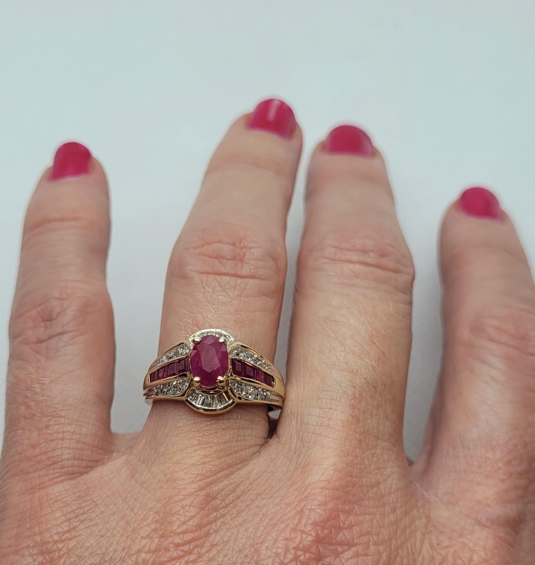 10kt Gold Ruby & Diamond Ring, 1ct Oval Ruby, Baguette/Round Diamonds, Size 7 2