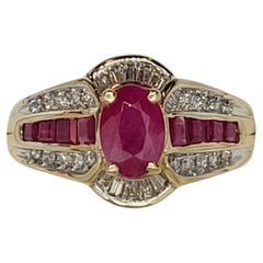 10kt Gold Ruby & Diamond Ring, 1ct Oval Ruby, Baguette/Round Diamonds, Size 7