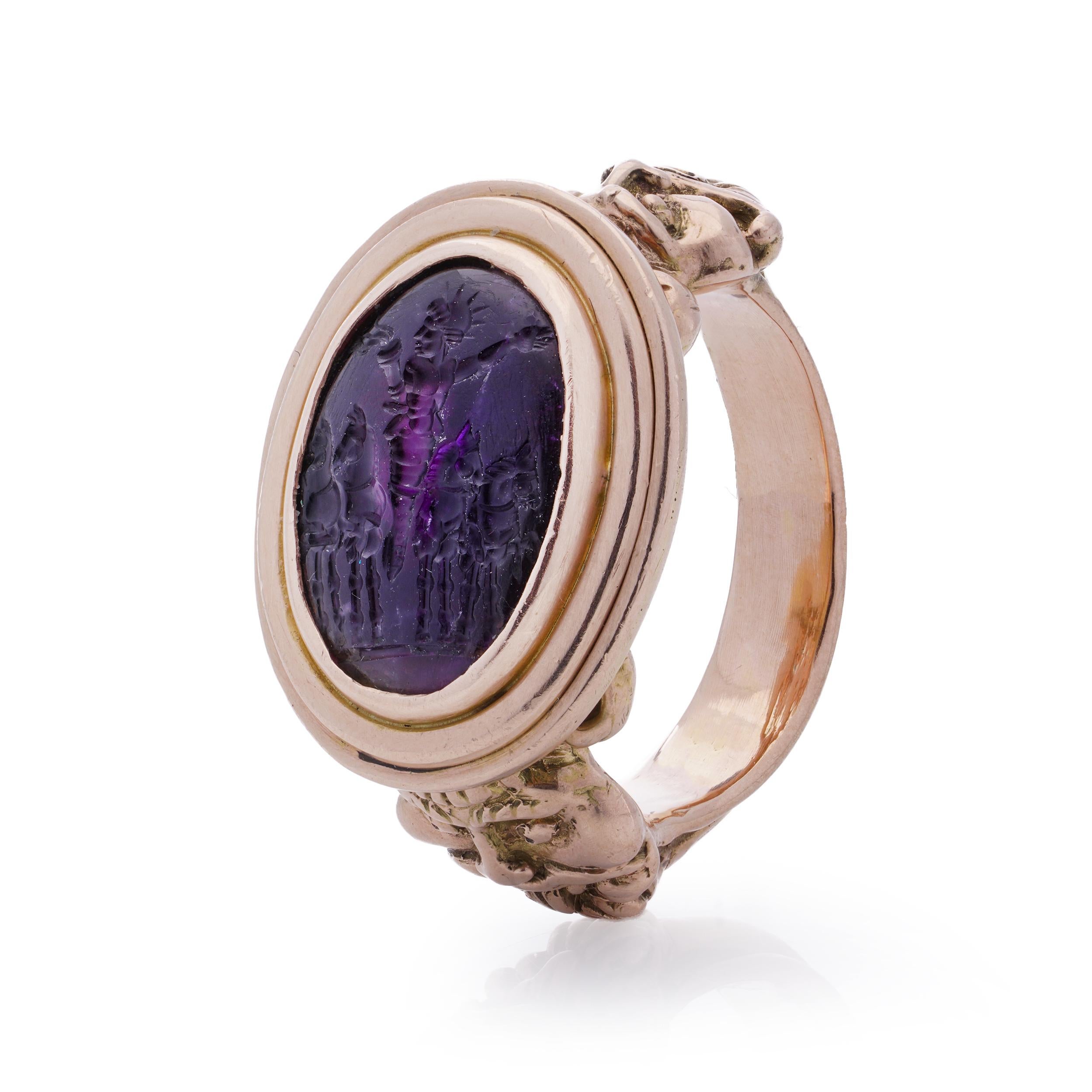 Oval Cut 10kt. pink gold men's large-sized intaglio ring with amethyst featuring Helios  For Sale