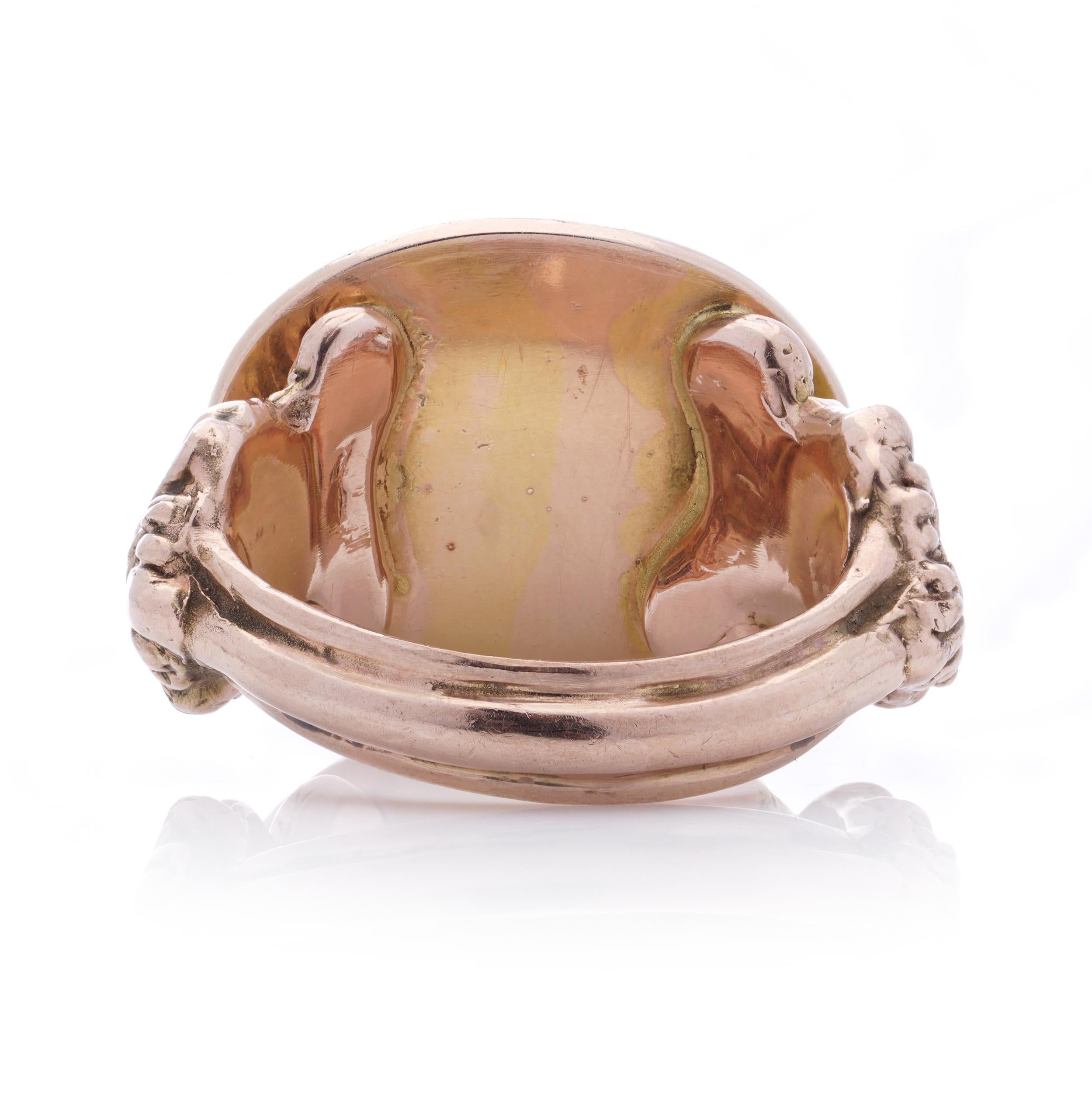 Oval Cut 10kt. pink gold men's large-sized intaglio ring with amethyst featuring Helios  For Sale