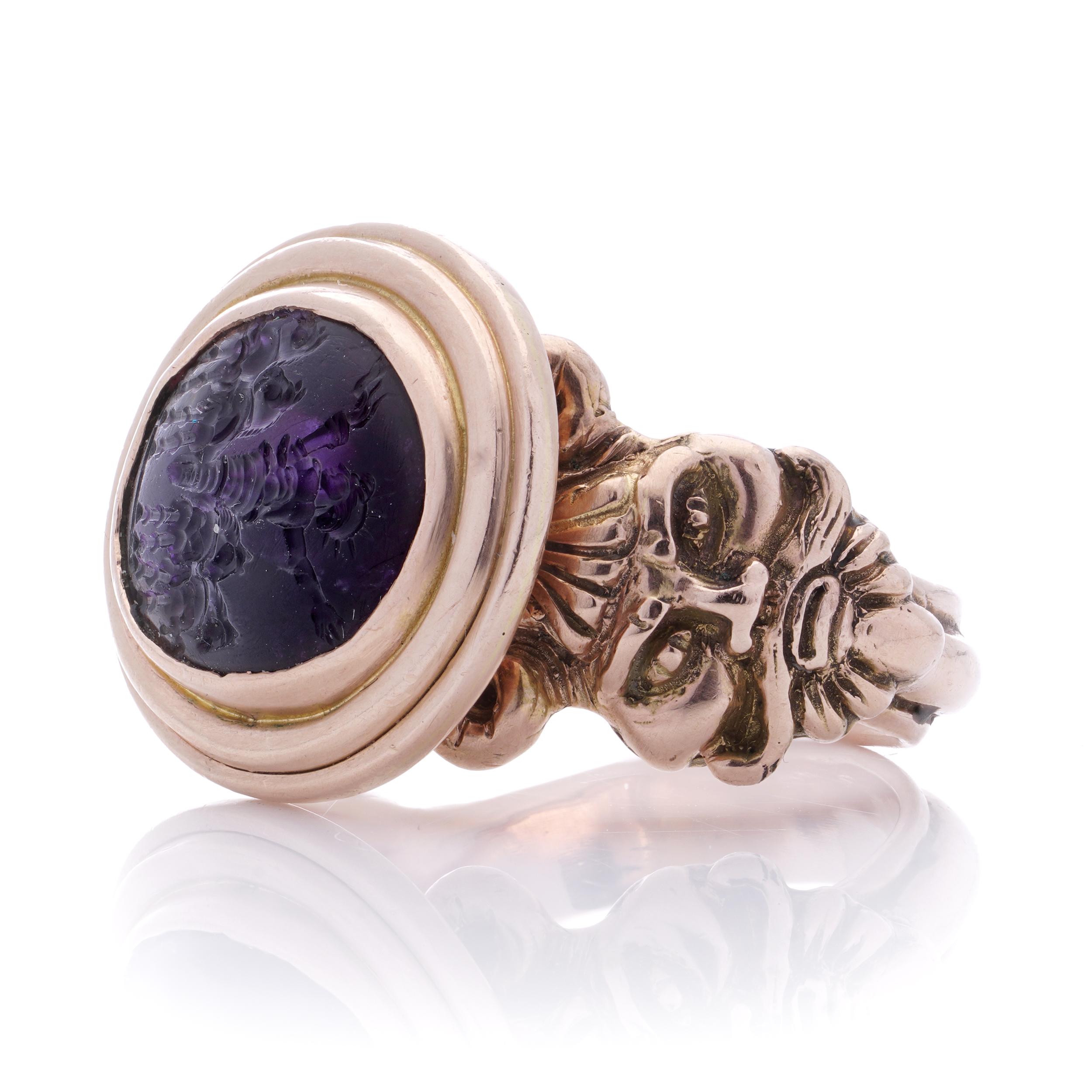 10kt. pink gold men's large-sized intaglio ring with amethyst featuring Helios  For Sale 2