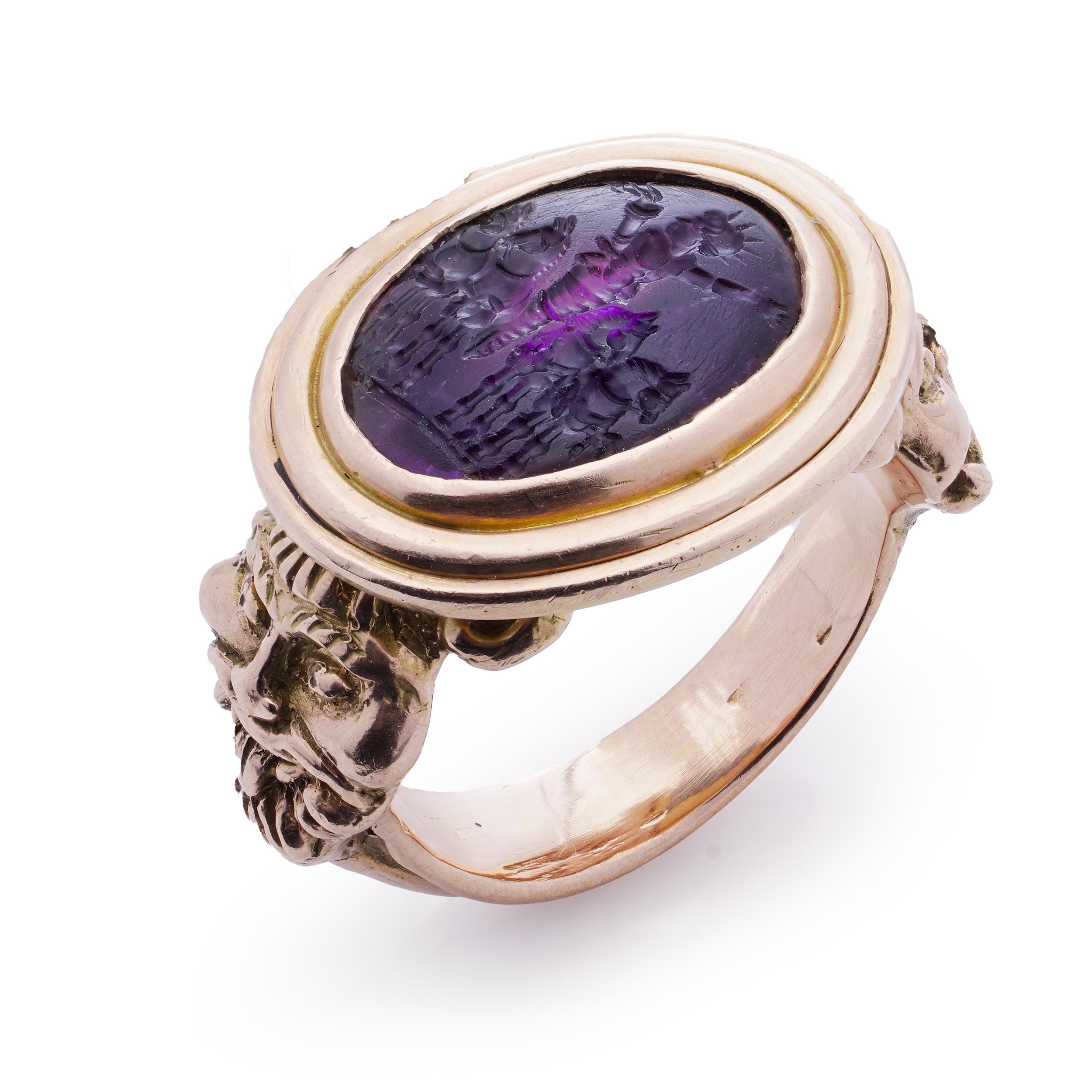 10kt. pink gold men's large-sized intaglio ring with amethyst featuring Helios  For Sale 3