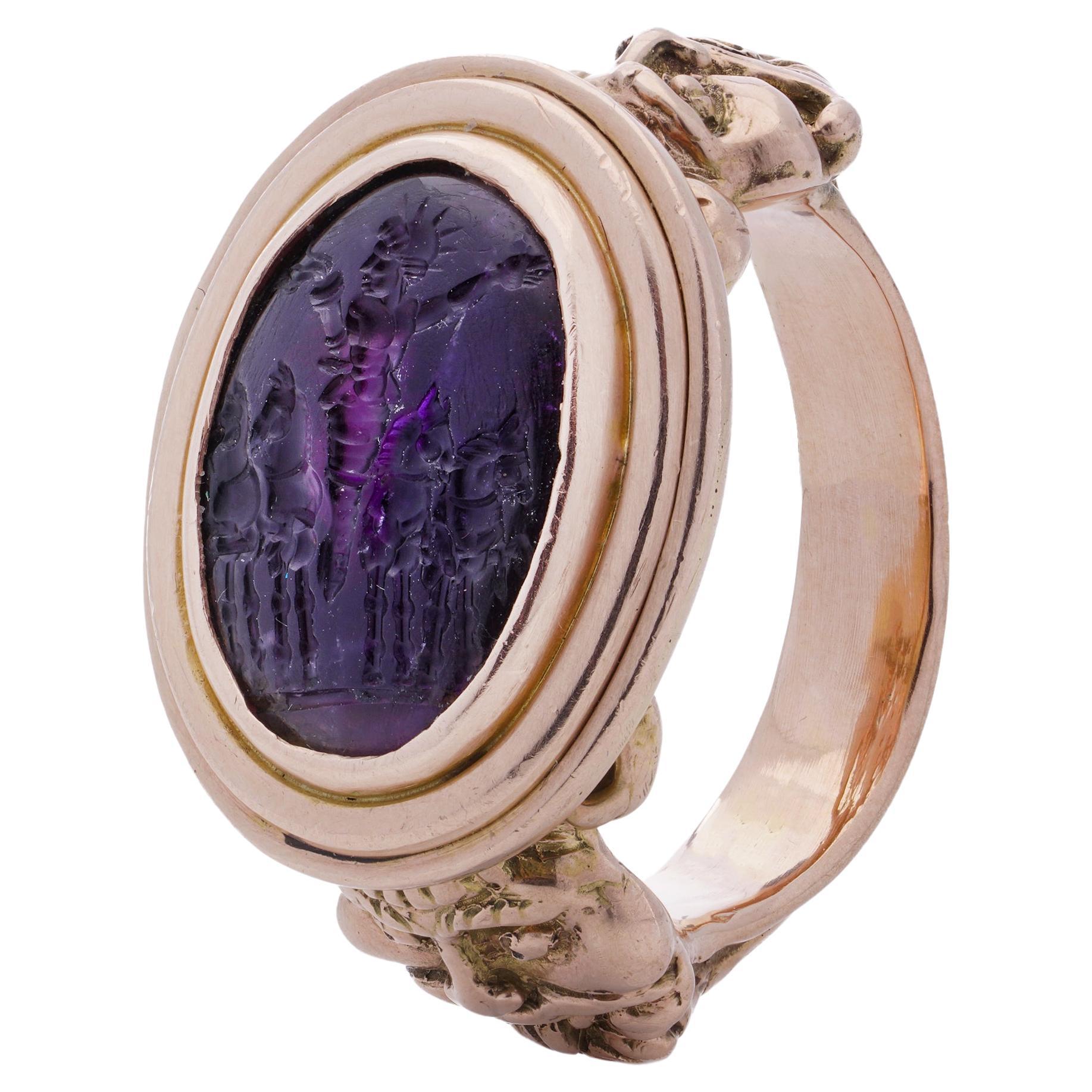 10kt. pink gold men's large-sized intaglio ring with amethyst featuring Helios  For Sale