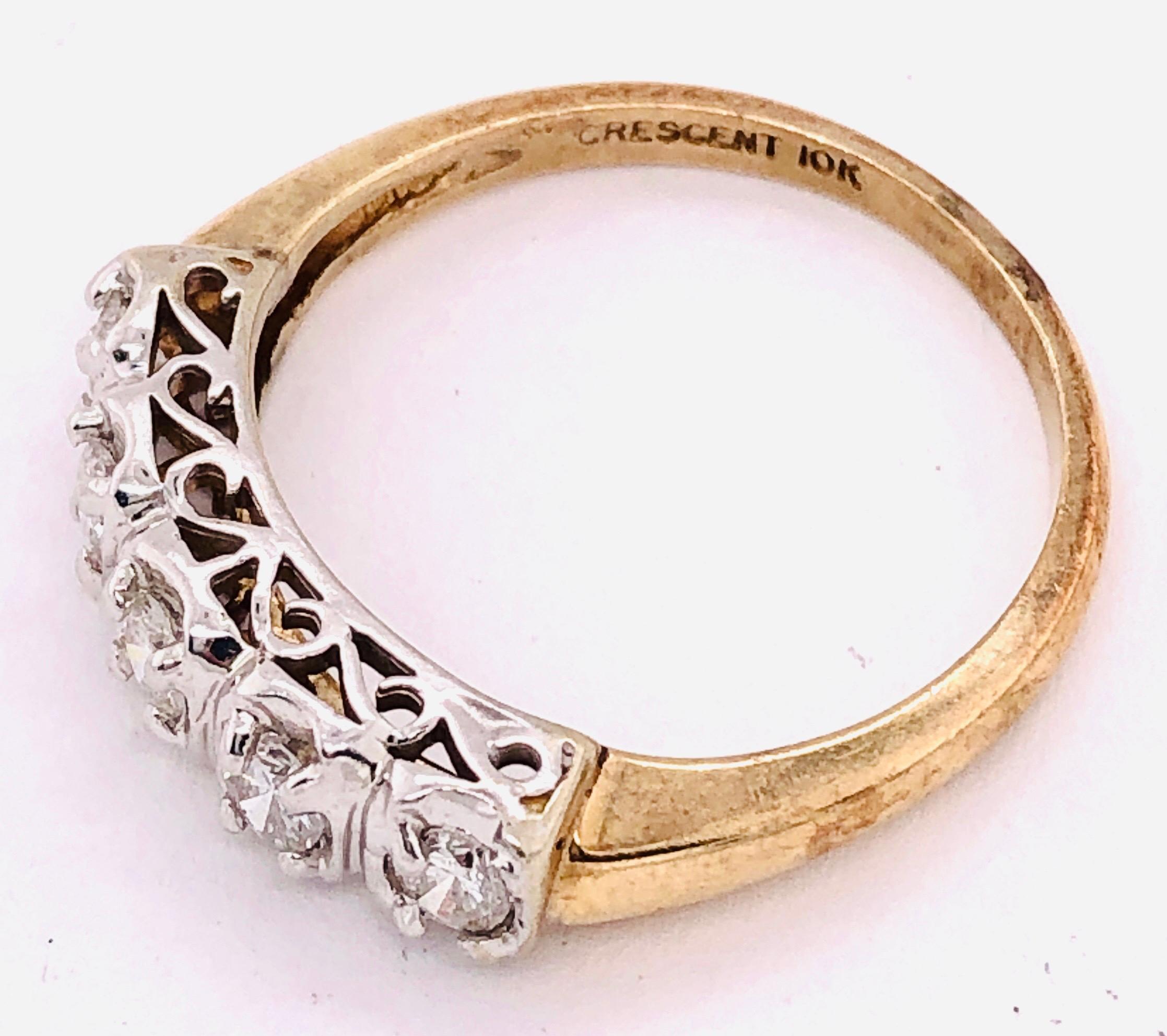 10 Karat Two-Tone Yellow and White Gold Crescent Ring with Five Diamonds For Sale 5