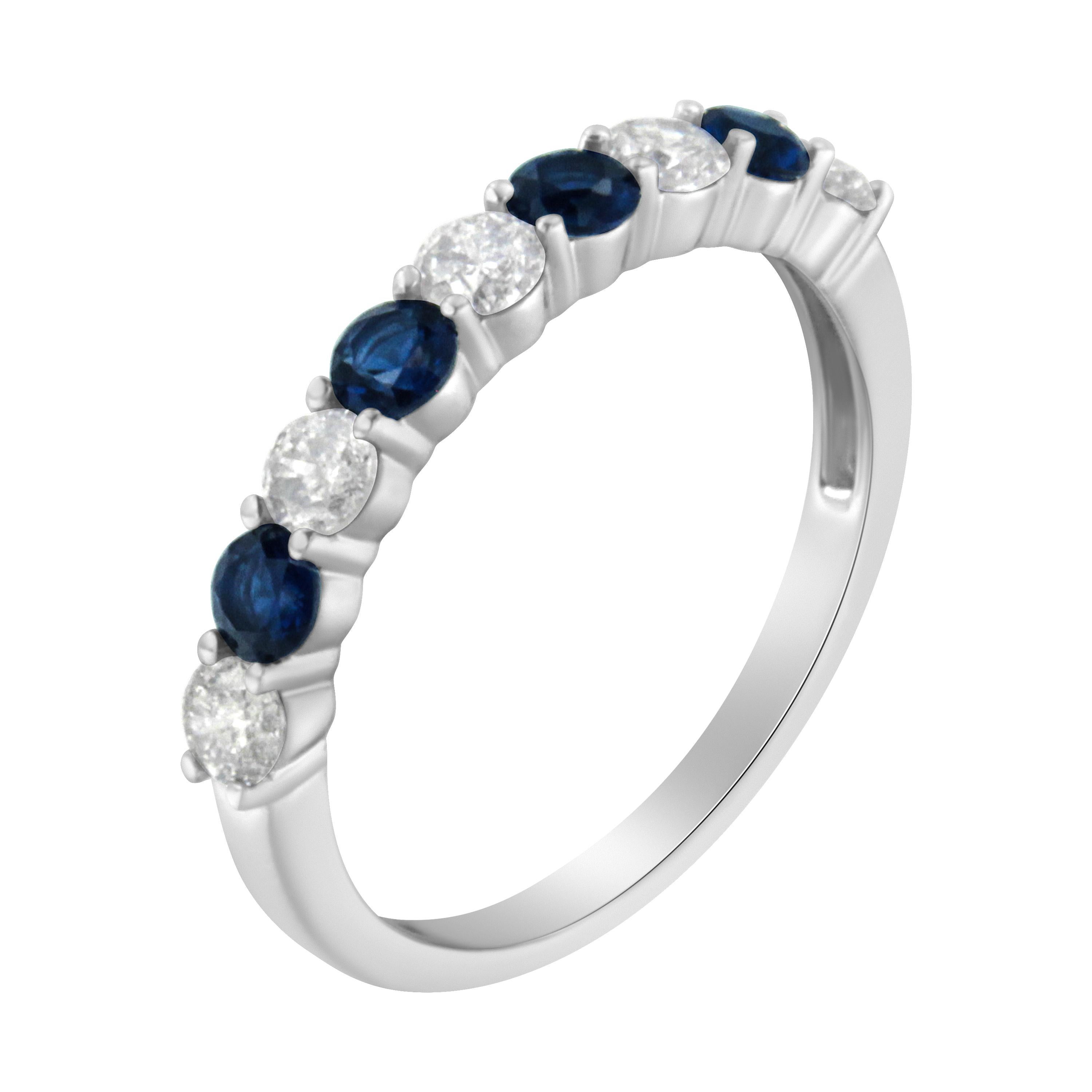 Modern 10KT White Gold 1/2 Carat Diamond & 3MM Created Blue Sapphire Gemstone Band Ring For Sale