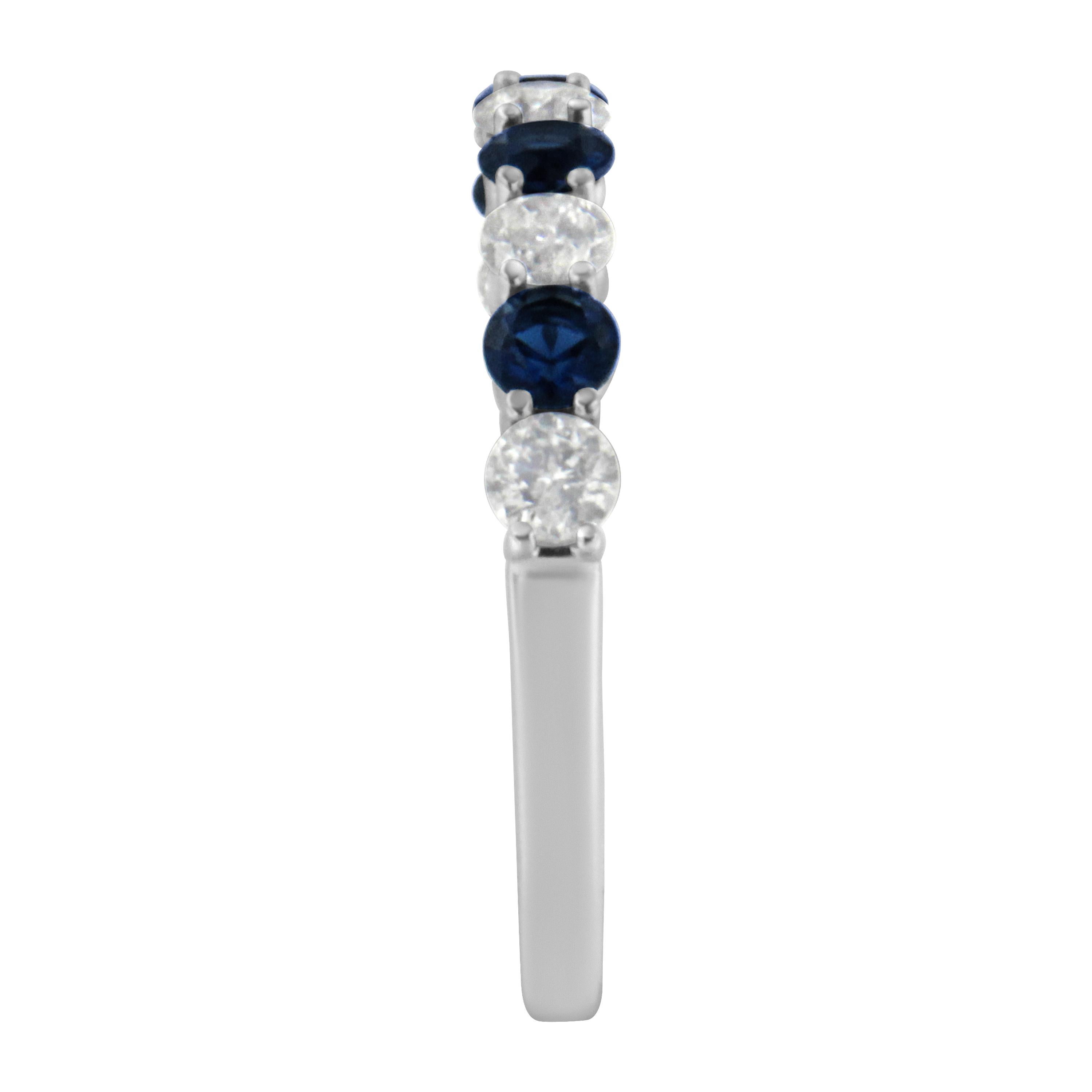 Round Cut 10KT White Gold 1/2 Carat Diamond & 3MM Created Blue Sapphire Gemstone Band Ring For Sale