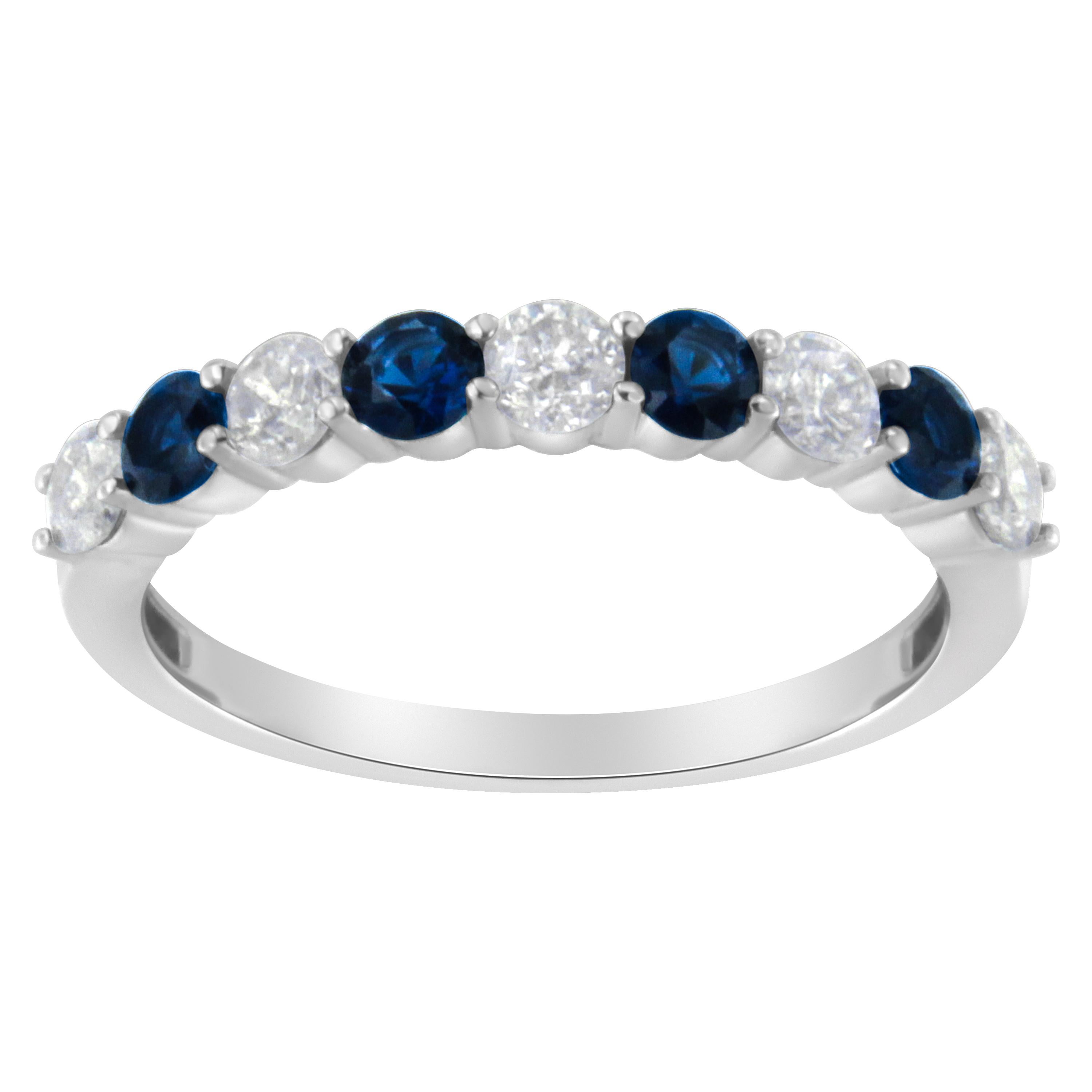 10KT White Gold 1/2 Carat Diamond & 3MM Created Blue Sapphire Gemstone Band Ring For Sale
