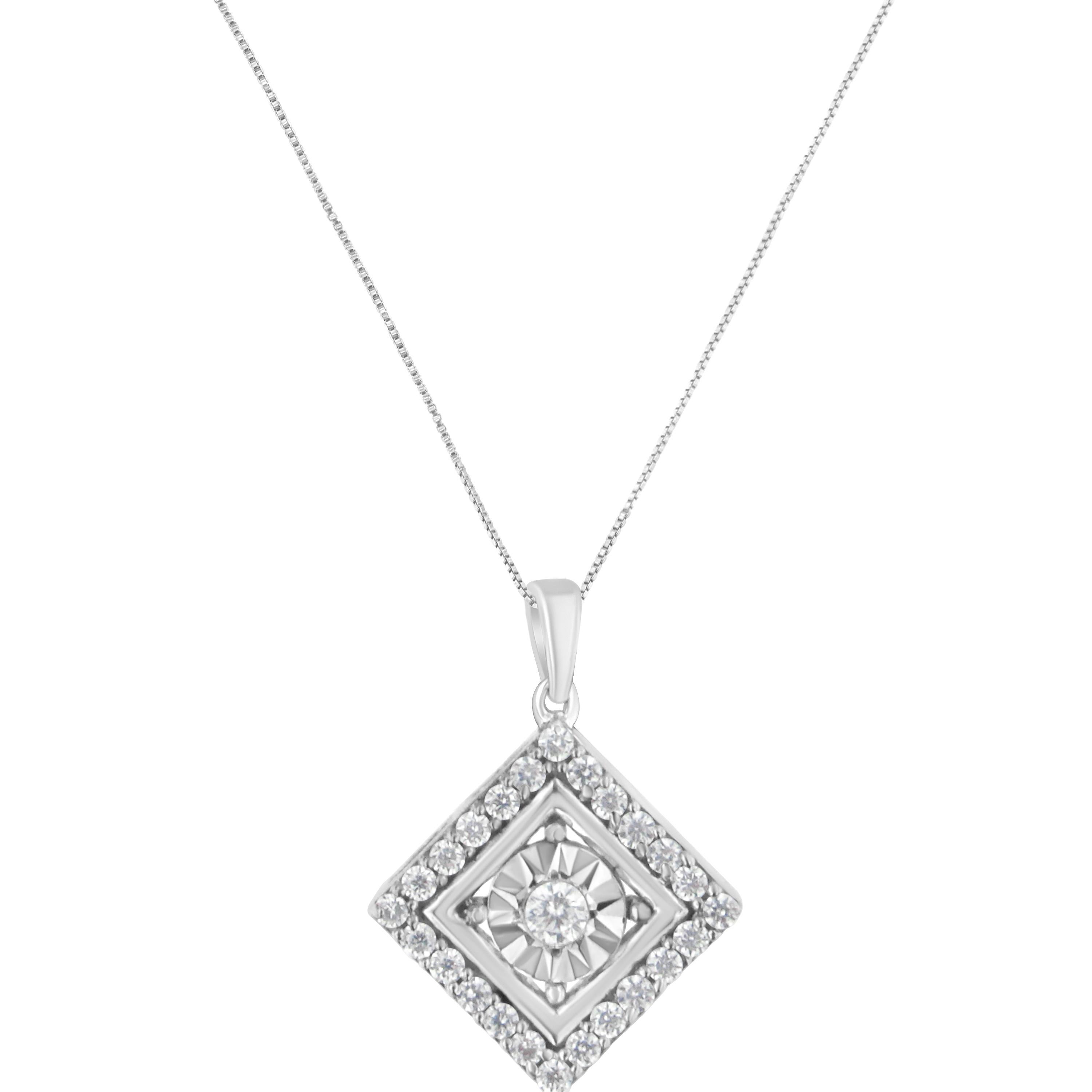 Elegant and unique, this 10k white gold square-shaped pendant will sparkle on your neck. This beautiful necklace features a single, beautiful miracle set, round-cut diamond at the center of the design. The diamond is framed by a layer of white gold,
