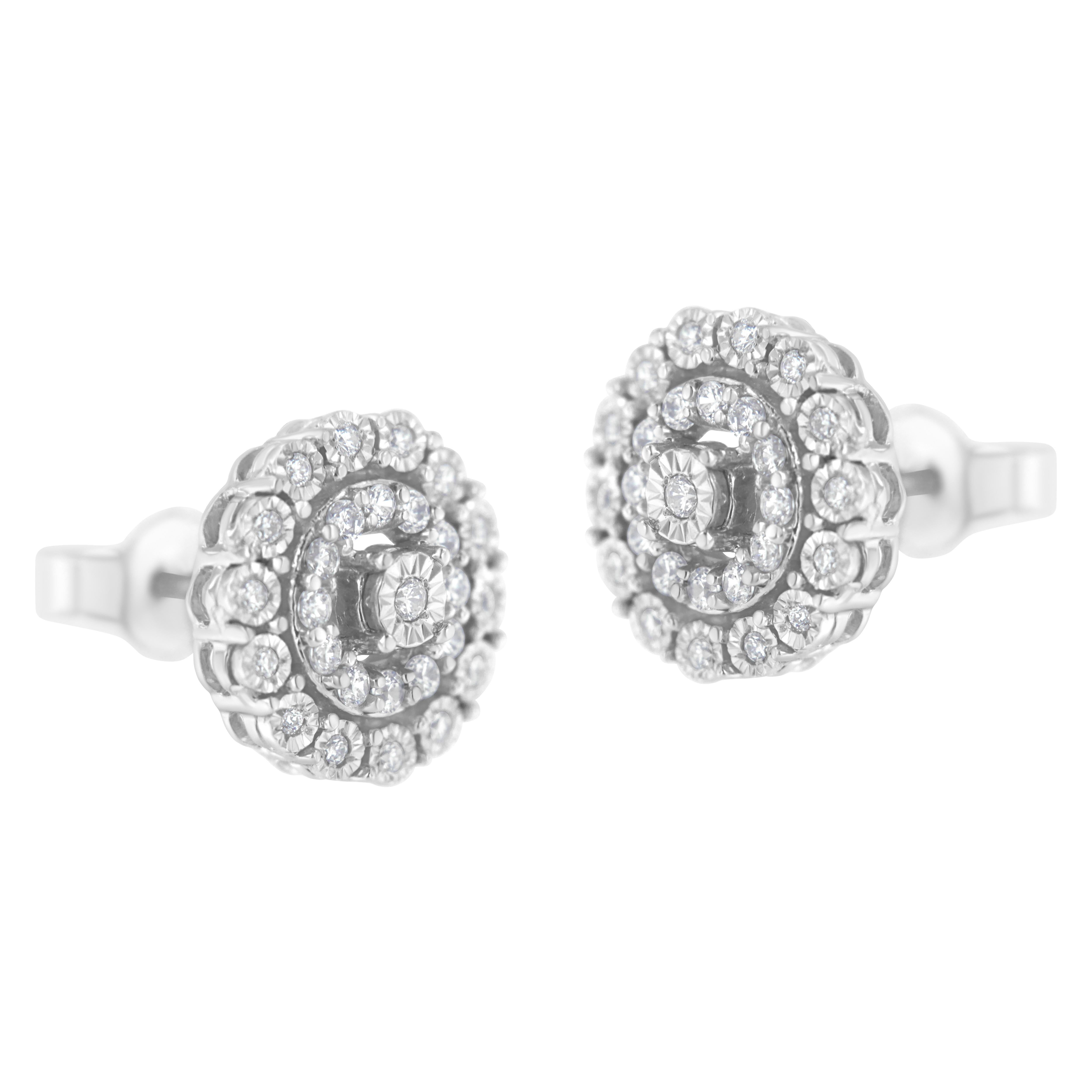 Contemporary 10Kt White Gold 1/2 Carat Double Halo Brilliant Round-Cut Diamond Stud Earrings