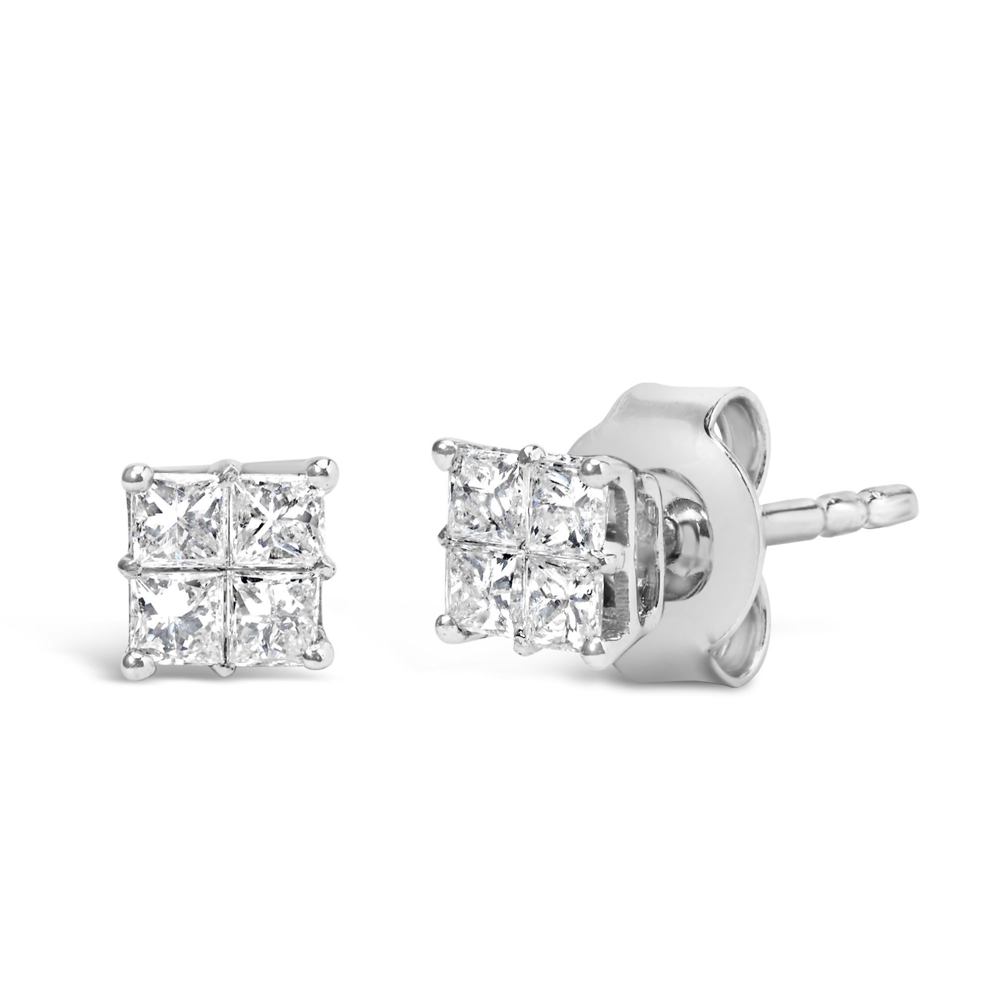 Dotate di un meccanismo push back sicuro, queste straordinarie borchie quadrate in oro bianco 10k sono l'accento perfetto per ogni occasione. Realizzato con 1/4ct di diamanti taglio princess brillanti in una montatura invisibile che cattura