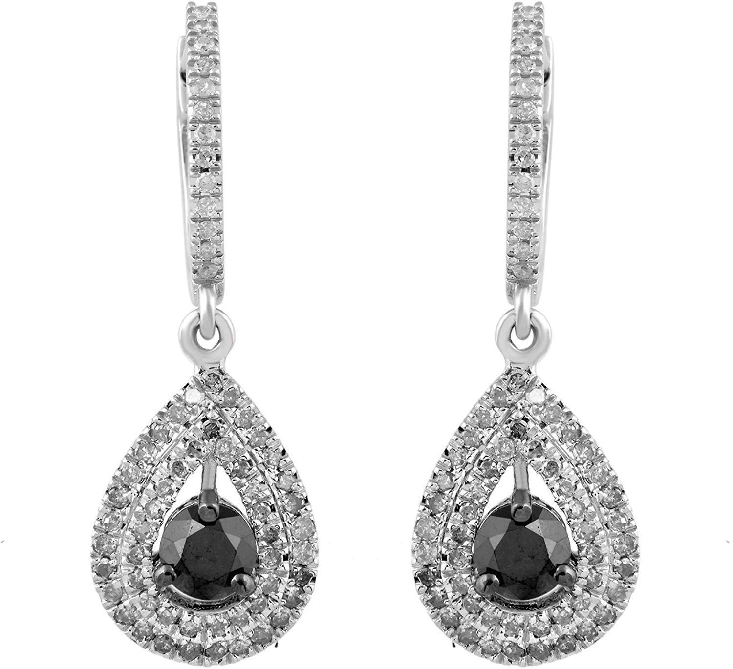 Modern 10 Karat Gold 11/4 Carat Round Black and White Diamond Teardrop Dangle Earrings For Sale