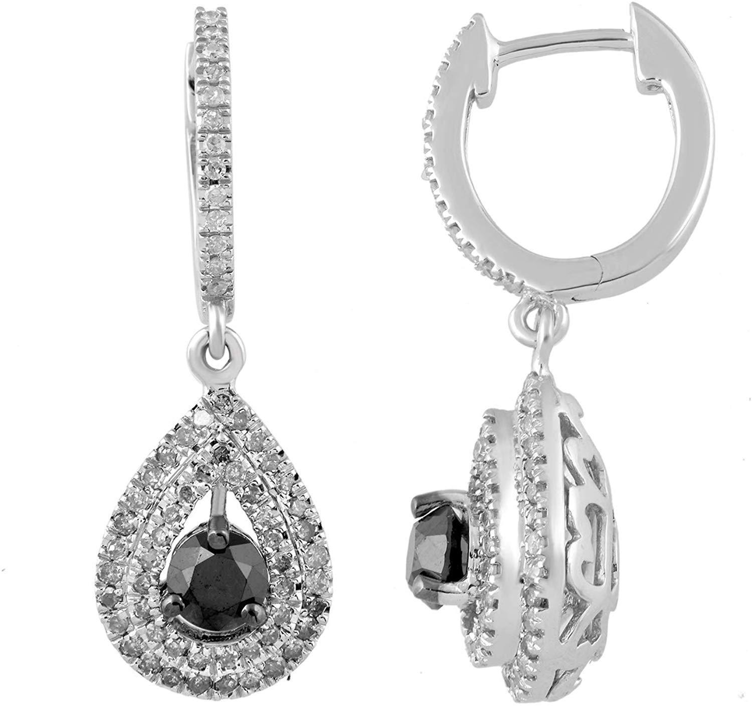 10 Karat Gold 11/4 Carat Round Black and White Diamond Teardrop Dangle Earrings In New Condition For Sale In New York, NY