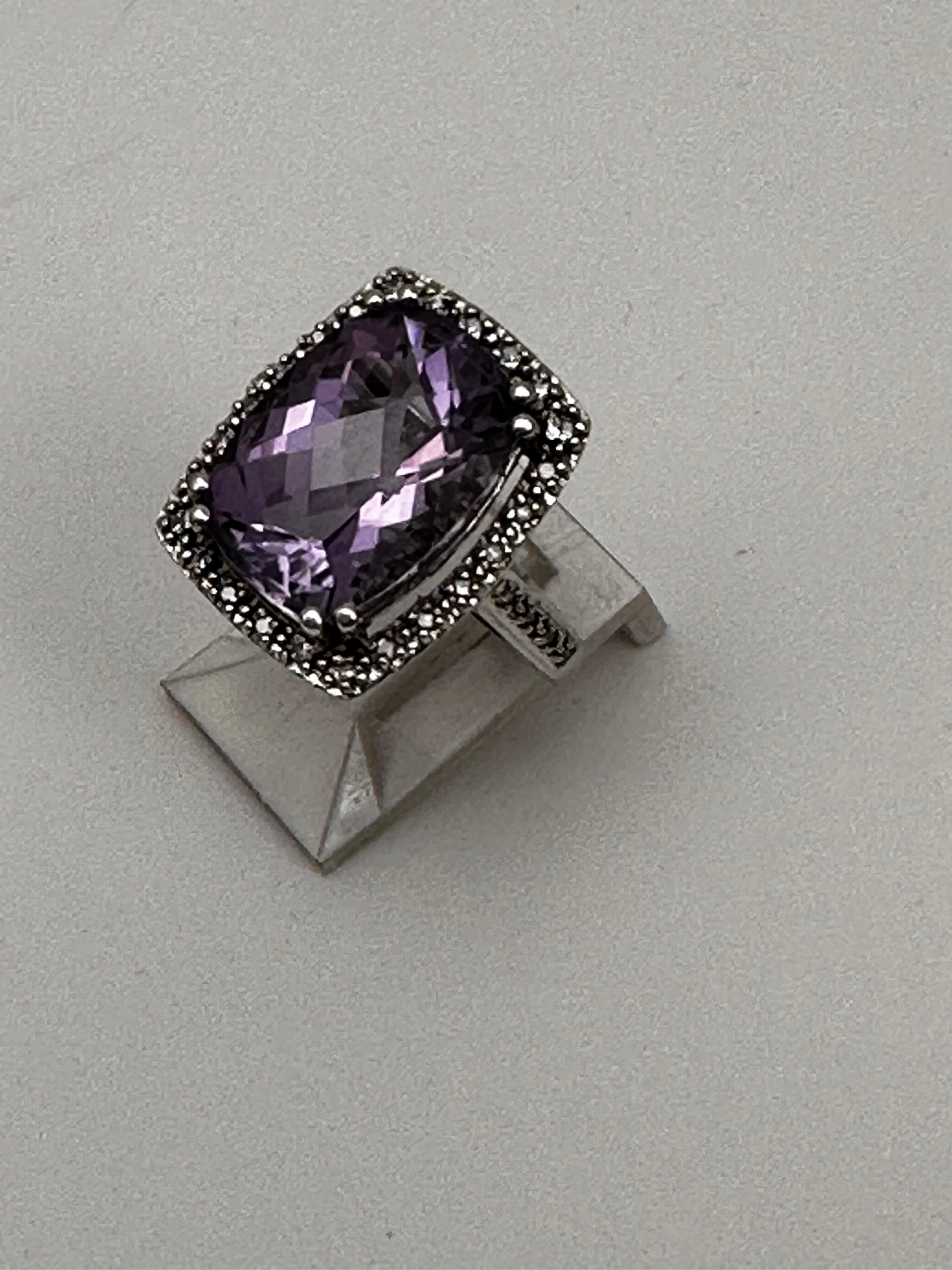 Artisan 10kt White Gold 11mm x 15mm Cushion Cut Amethyst and Diamond Ring Size 6 3/4 For Sale