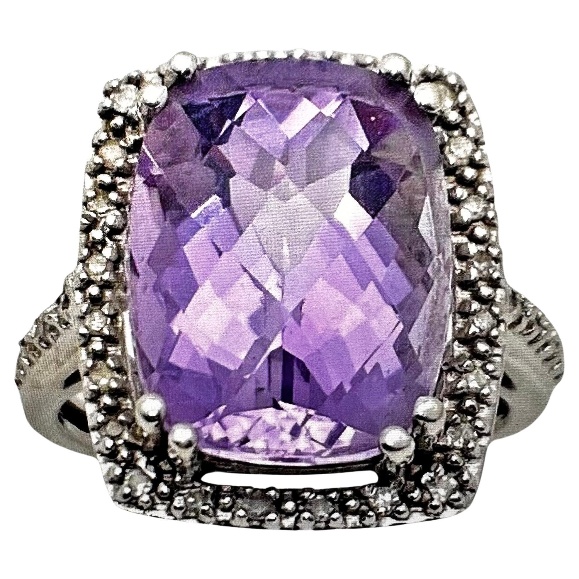 10kt White Gold 11mm x 15mm Cushion Cut Amethyst and Diamond Ring Size 6 3/4 For Sale