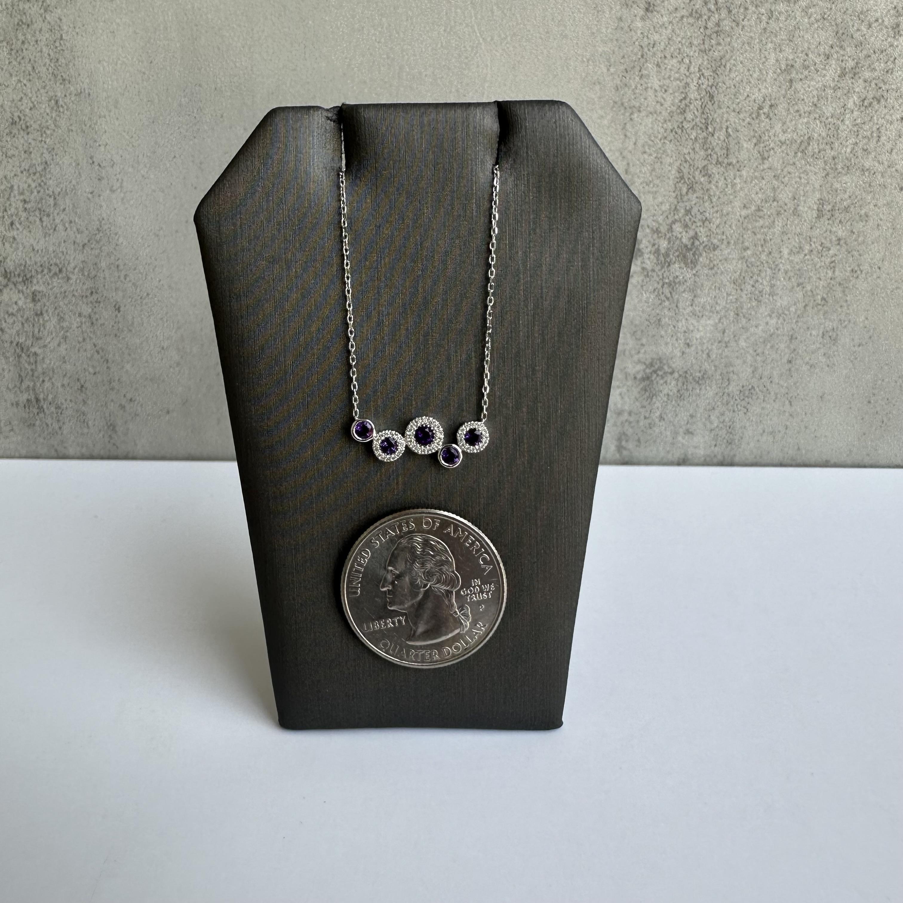Round Cut 10kt White Gold Amethyst and Diamond Necklace, New