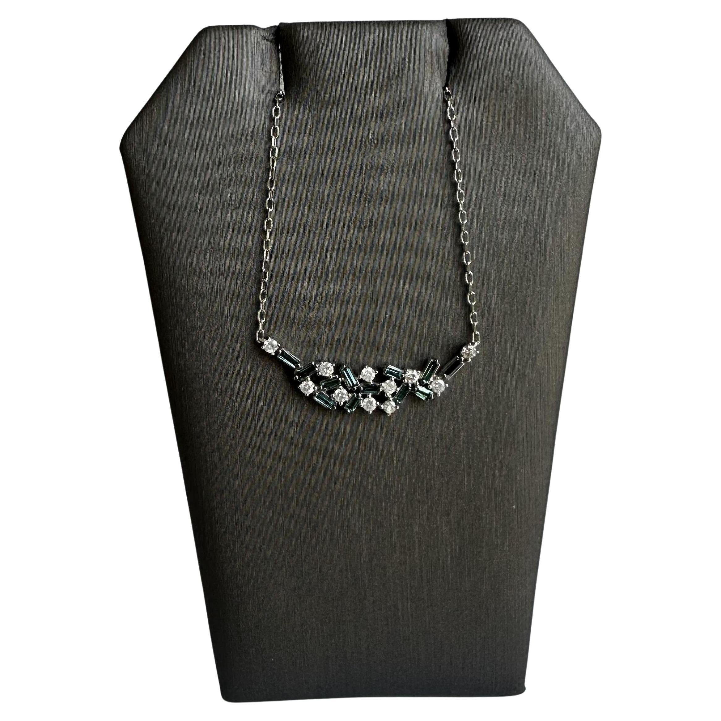 10kt White Gold Blue and White Diamond Bar Necklace - 0.50ctw, 18", New