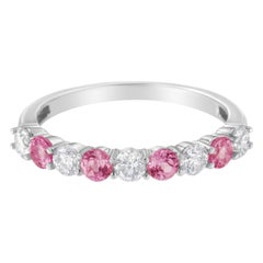 10KT White Gold Diamond and 3MM Created Pink Sapphire Gemstone Band Ring